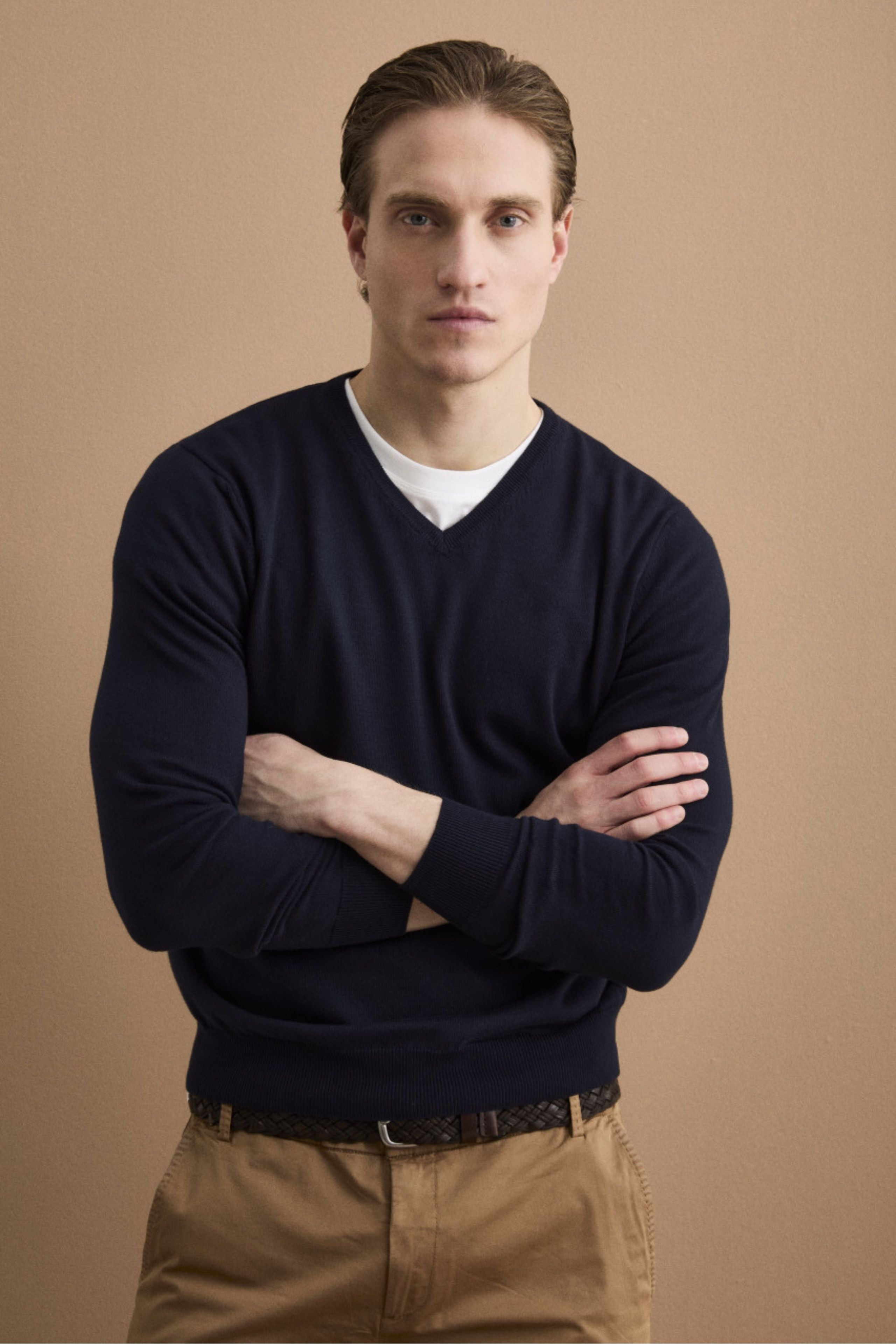 Maglia Scollo a V Regular Fit in Cotone - BLU