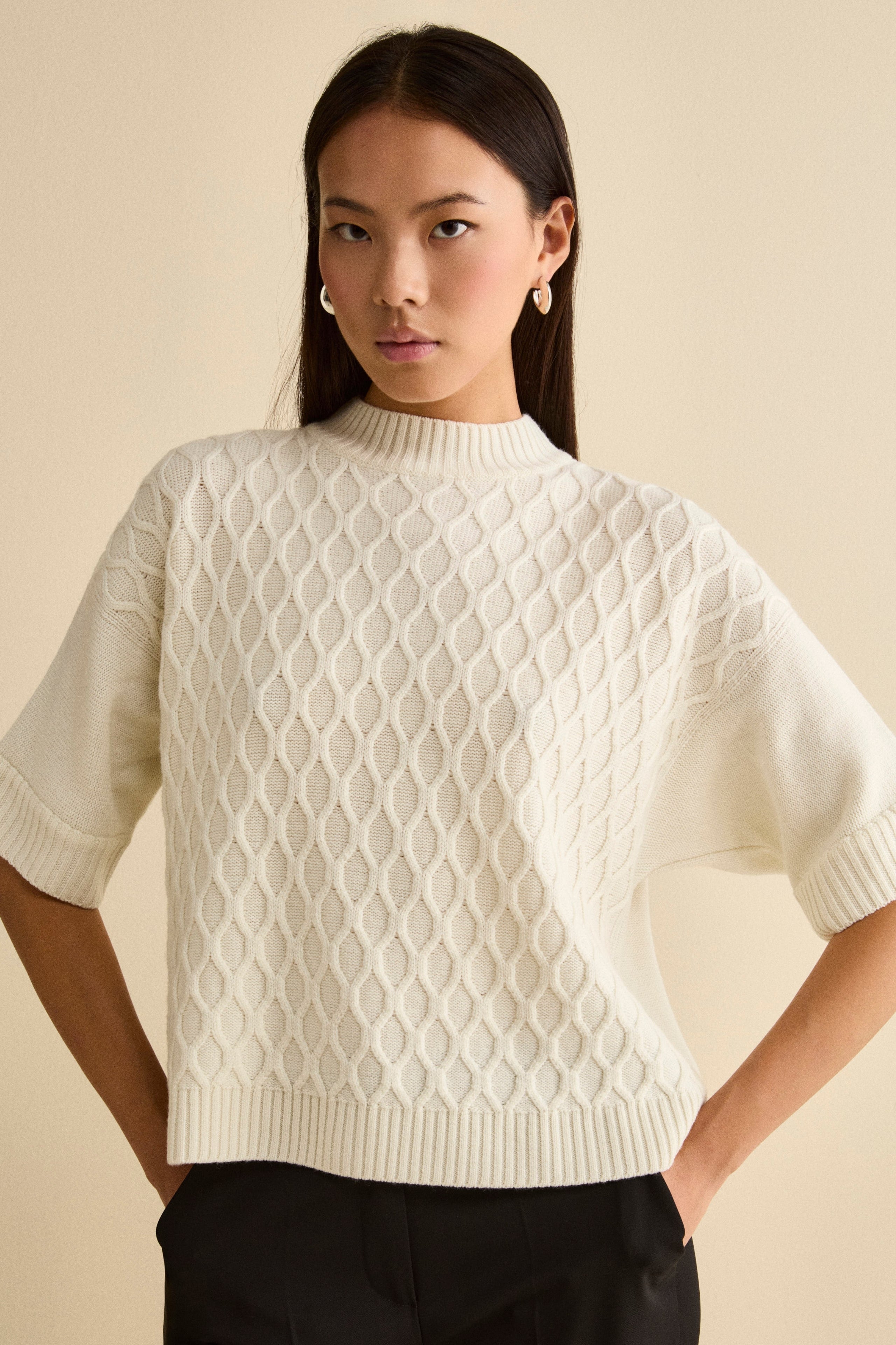 Girocollo Mezza Manica Lavorato in Lana Merino - ECRU