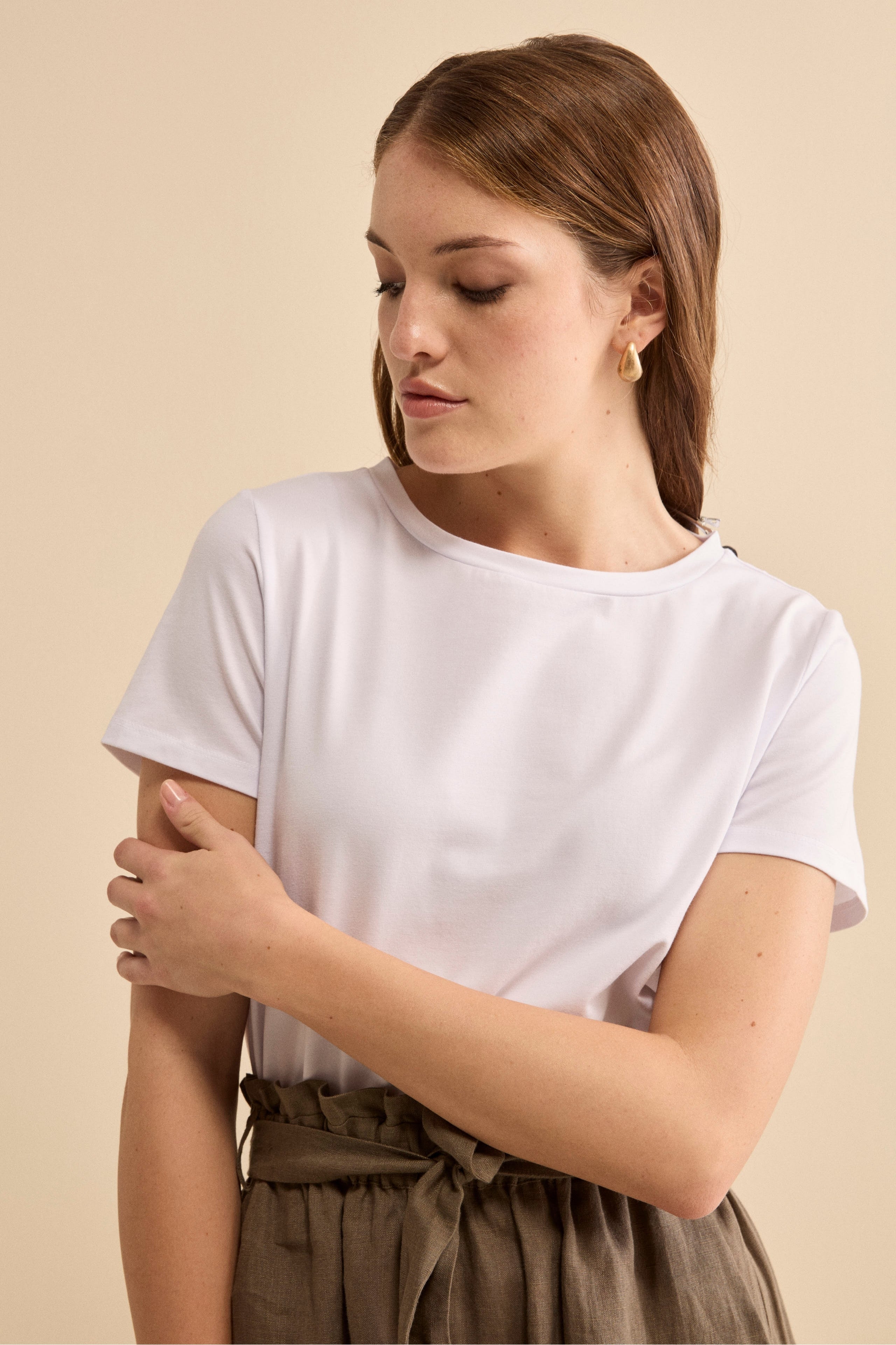 T-Shirt Girocollo in Cotone Elasticizzato - BIANCO