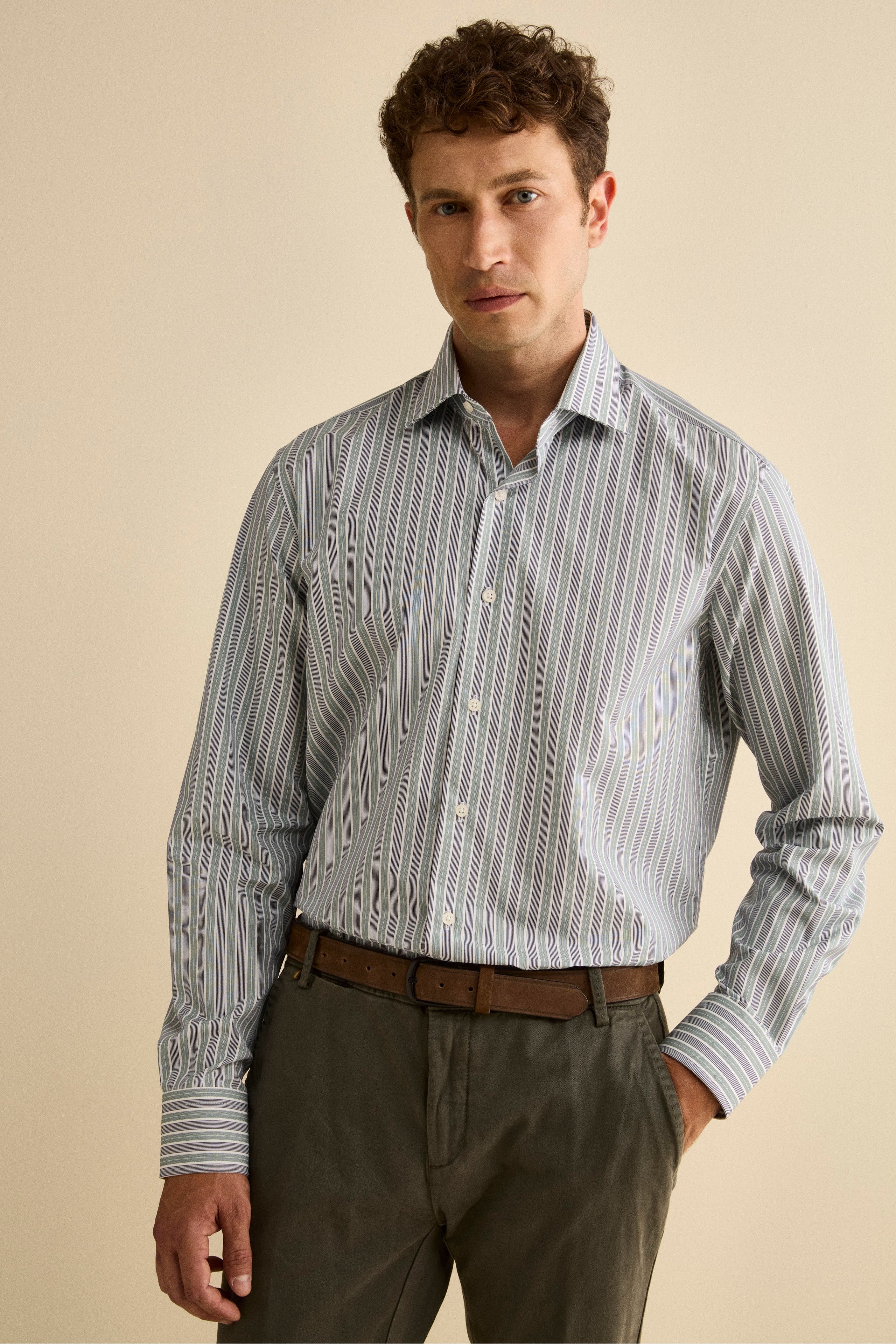 Camicia Fantasia Custom Fit con Collo Francese in Cotone - RIGATO BLU/VERDE