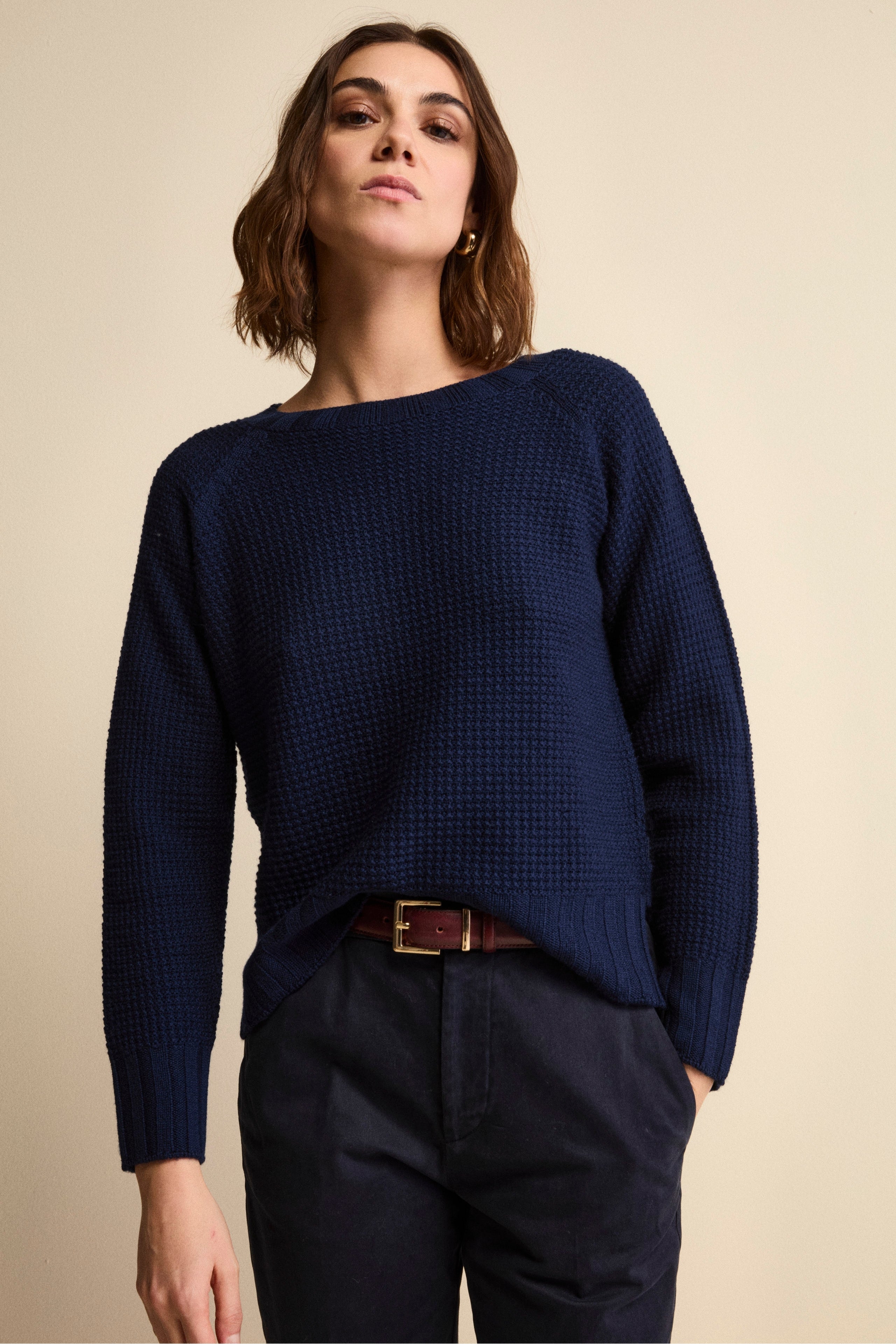 Maglia Scollo Barchetta in Lana Merino Lavorata - NAVY