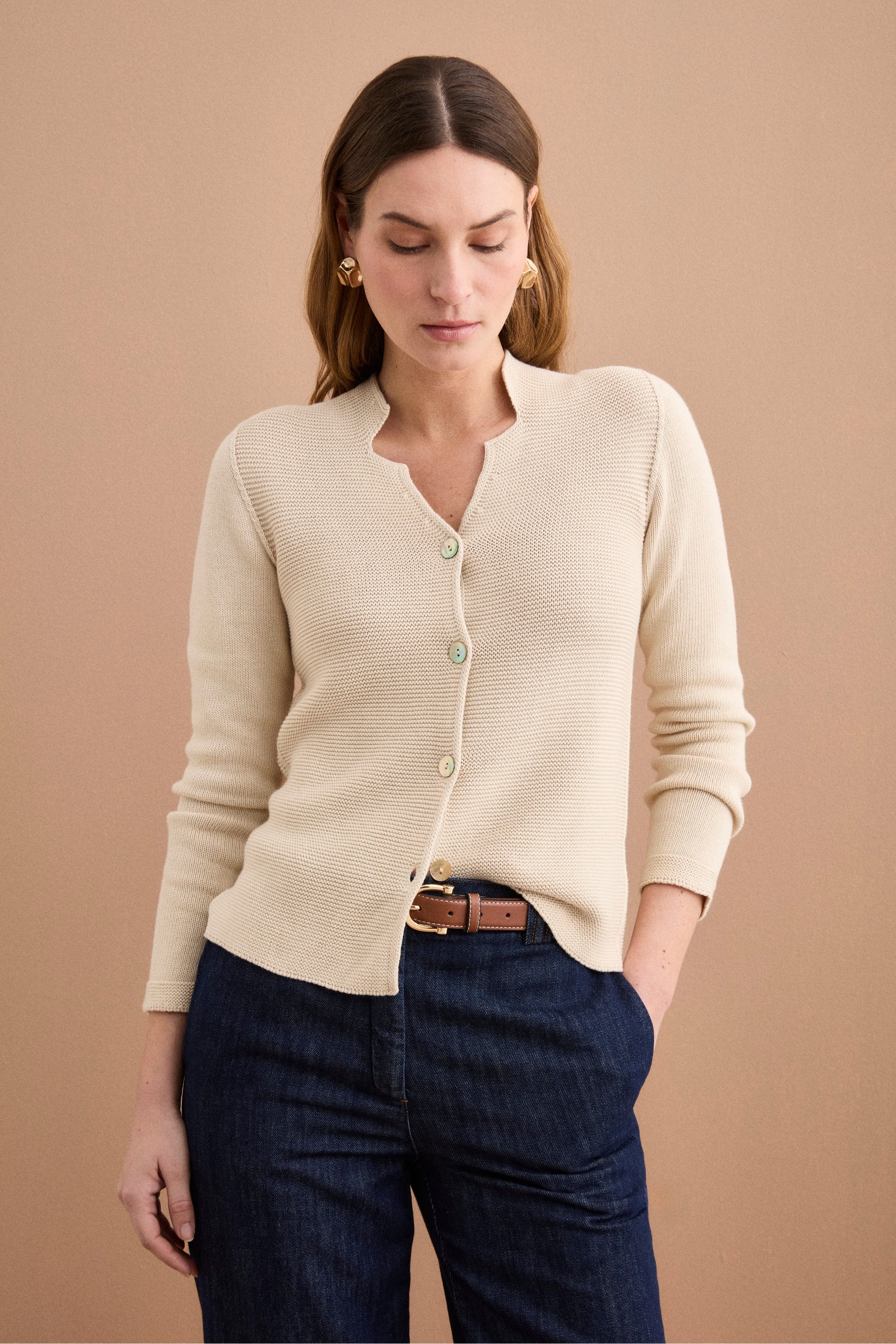 Cardigan Links Scollo a V in Cotone - VANIGLIA