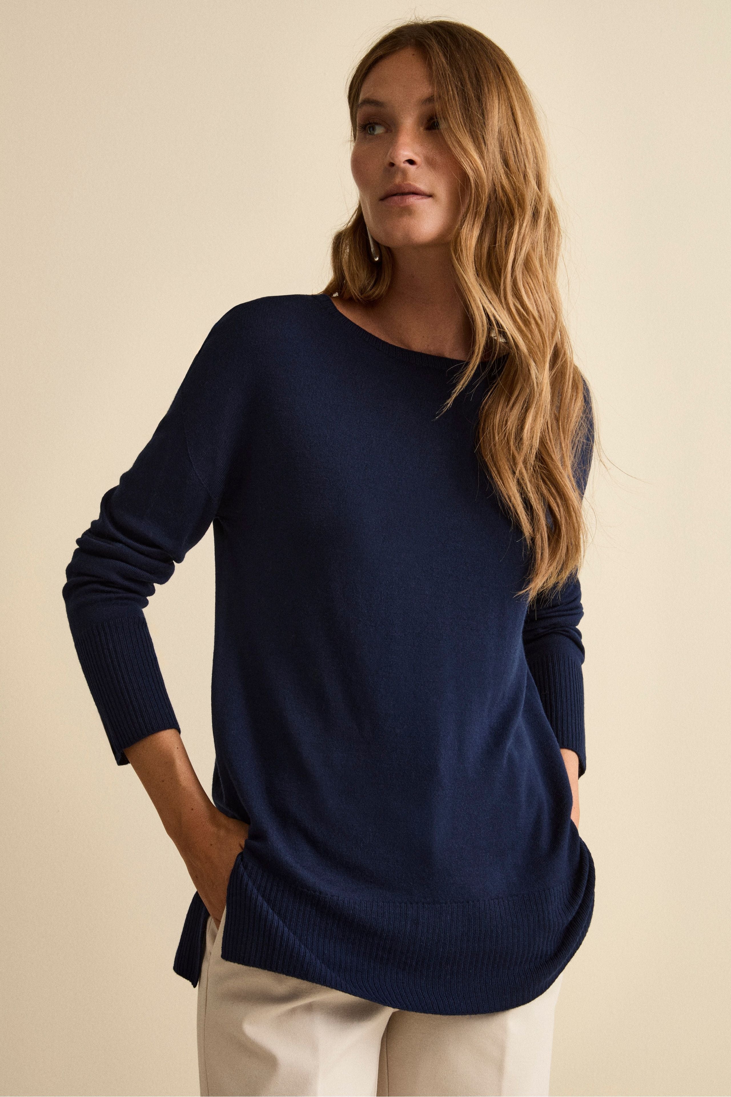 Maglia Lunga Girocollo in Lana Merino - NAVY