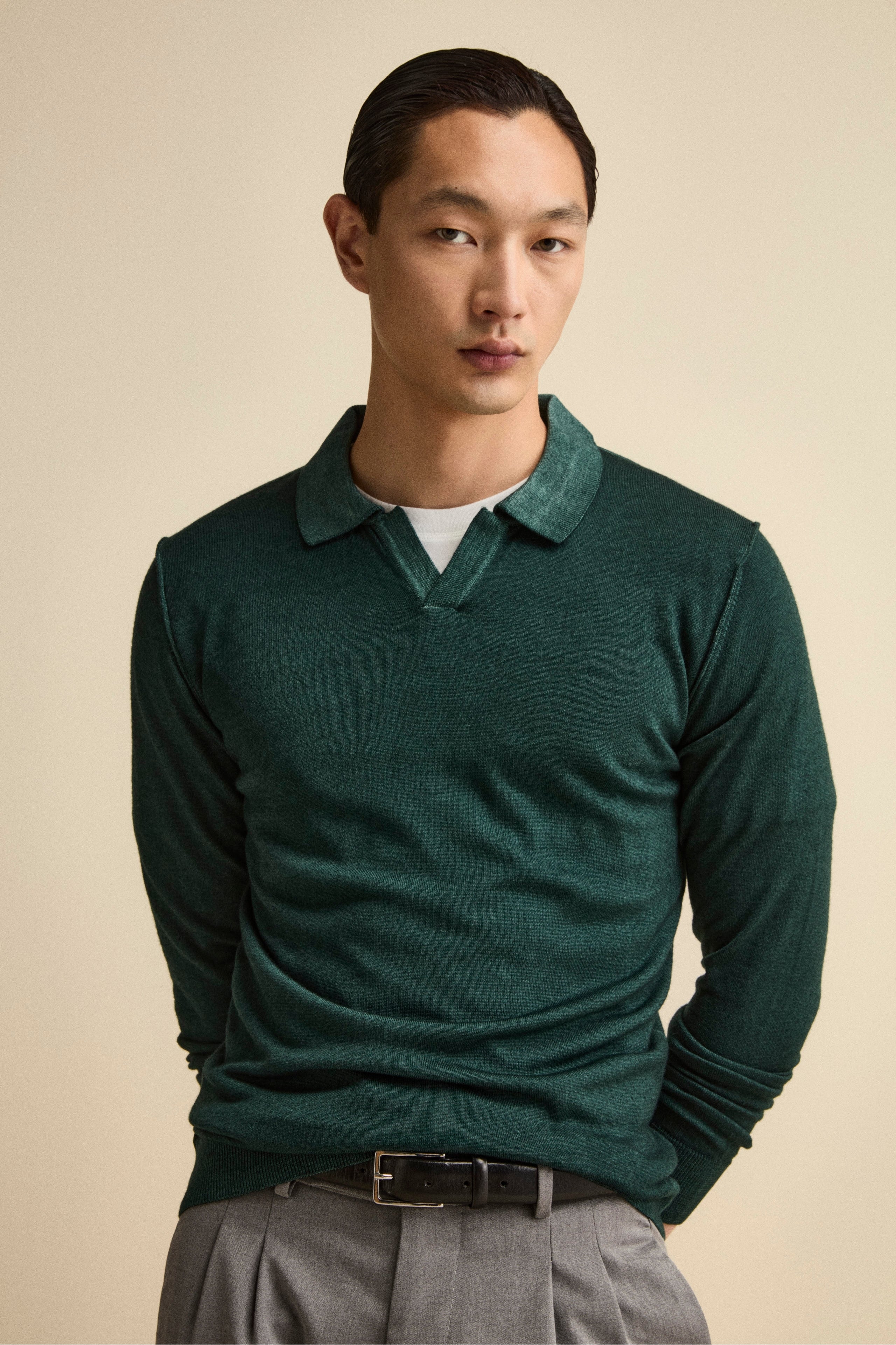 Polo derby in lana merino - PETROLIO