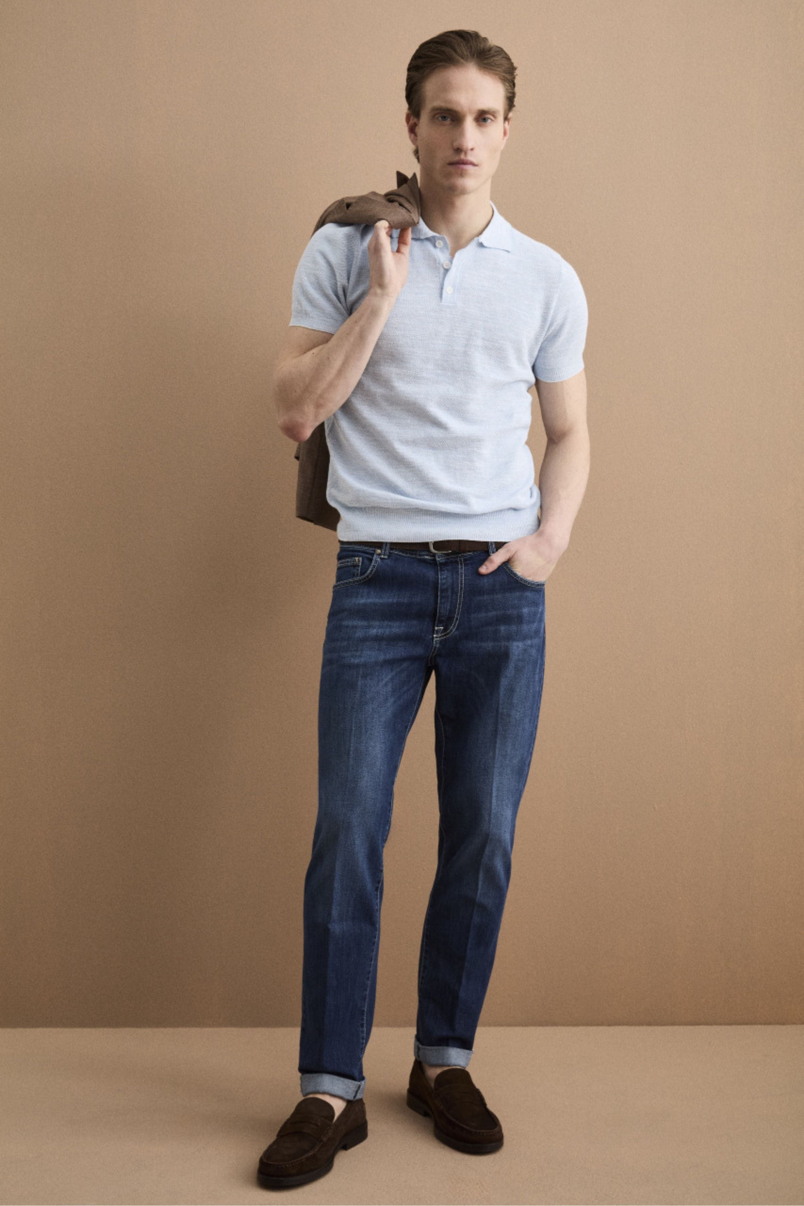 Polo Manica Corta in Misto Lino - AZZURRO