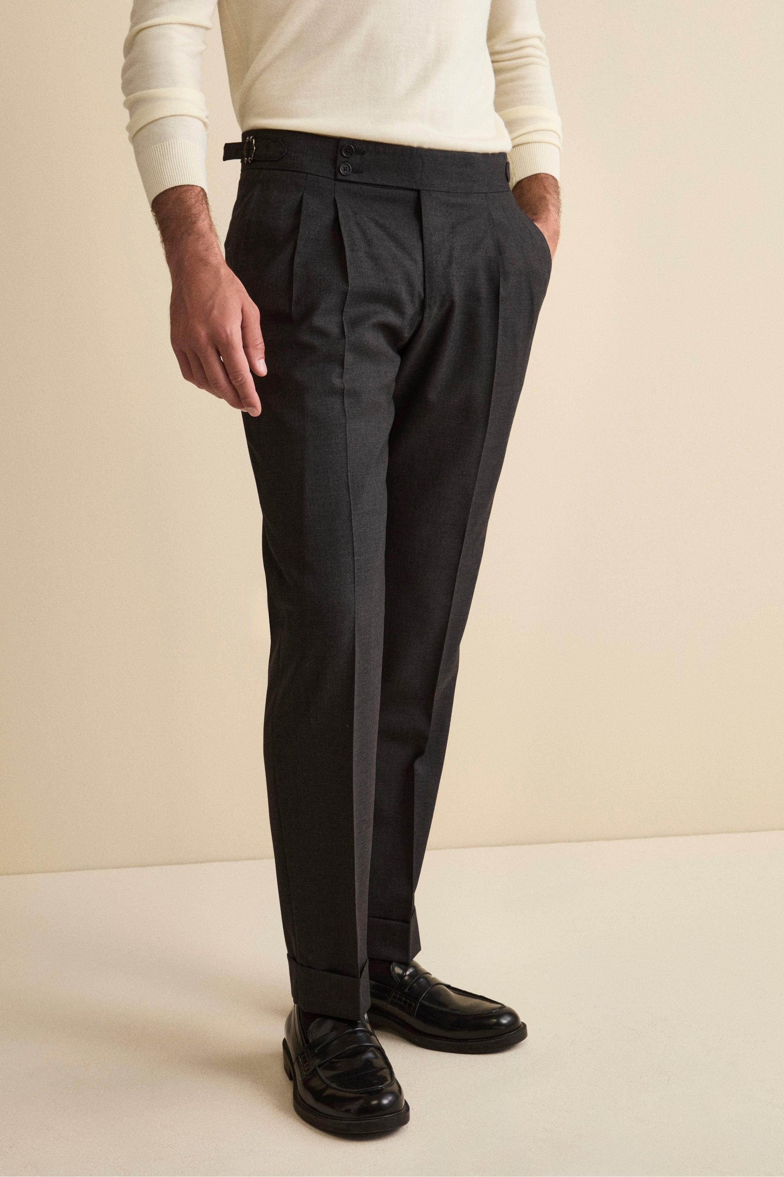 Pantalone Straight in Lana Vergine con Risvolto - GRIGIO