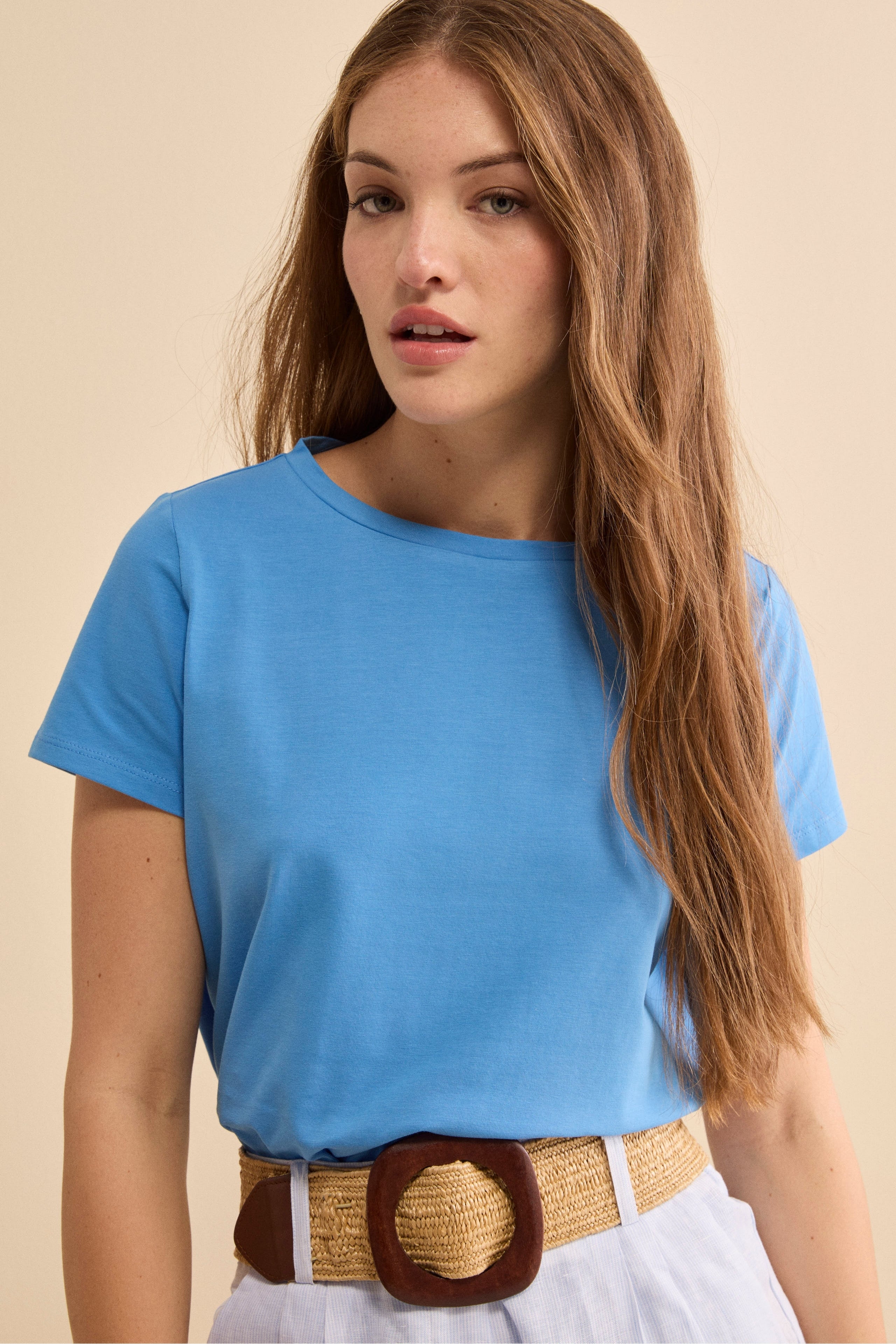 T-Shirt Girocollo in Cotone Elasticizzato - AZZURRO