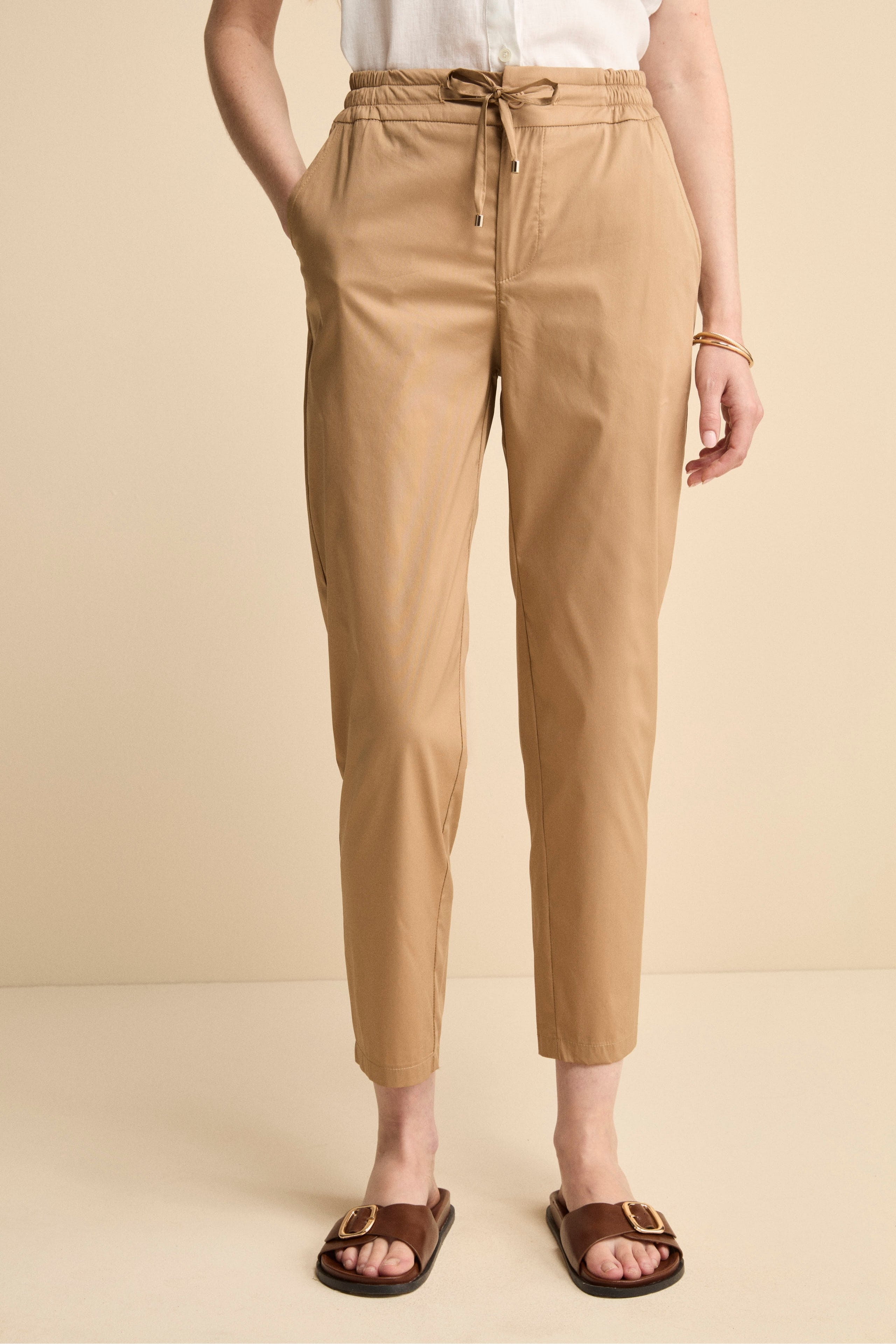 Pantalone Coulisse a Vita Alta in Cotone - KAKI