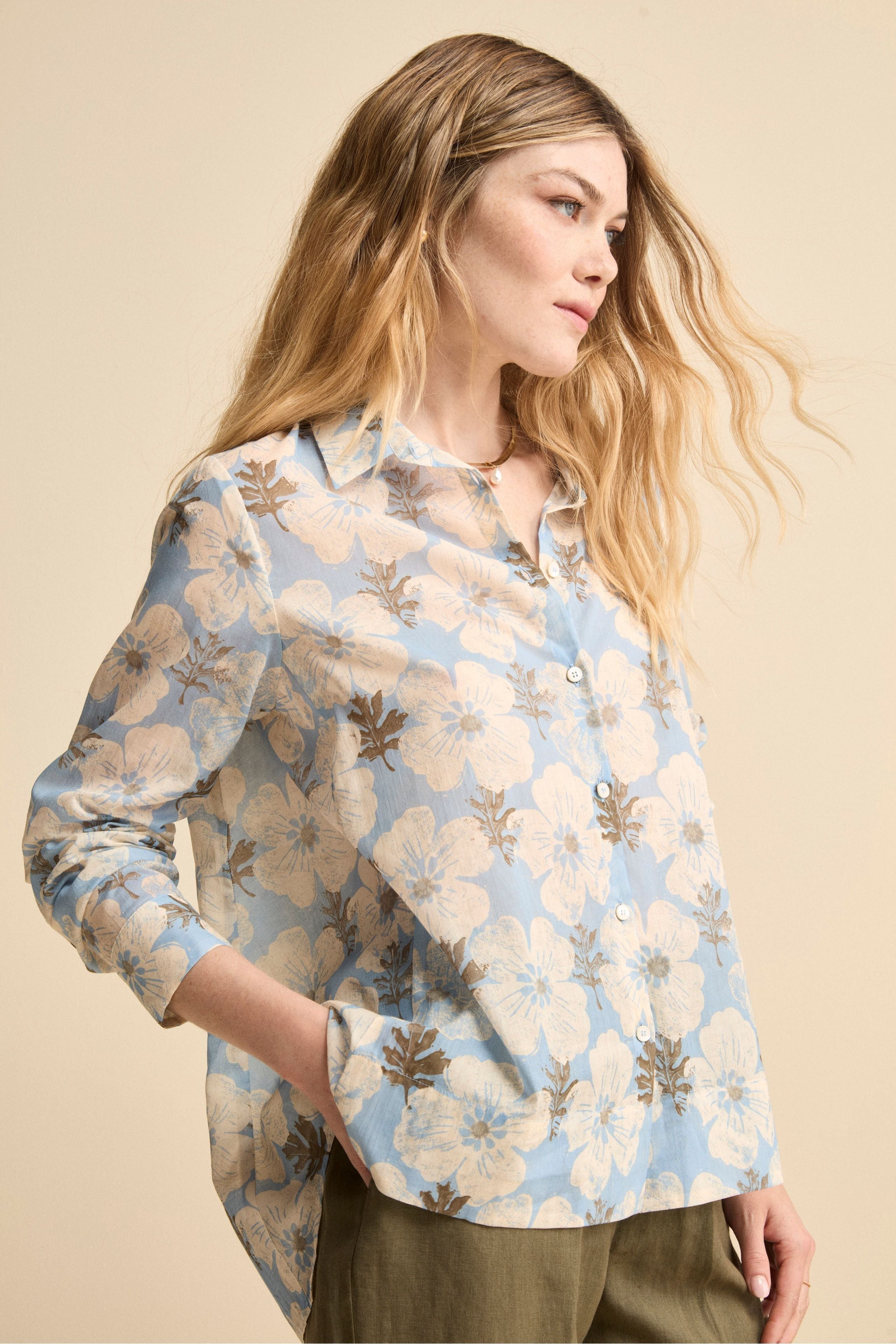 Camicia Over Floreale in Voile di Cotone - FANT. BIANCO/AZZURRO