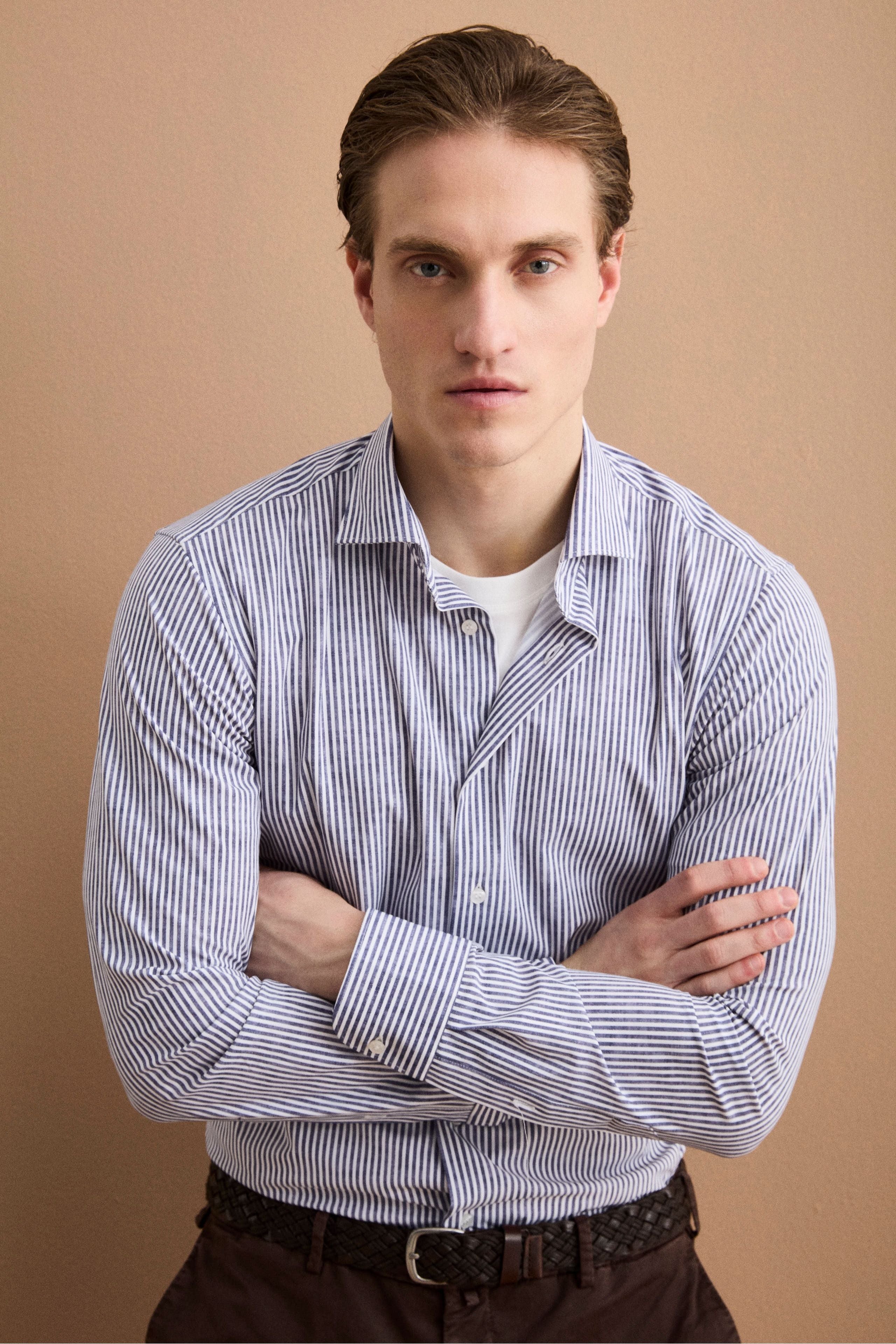 Camicia Custom Fit a Righe in Tessuto Tecnico - BLU RIGATO