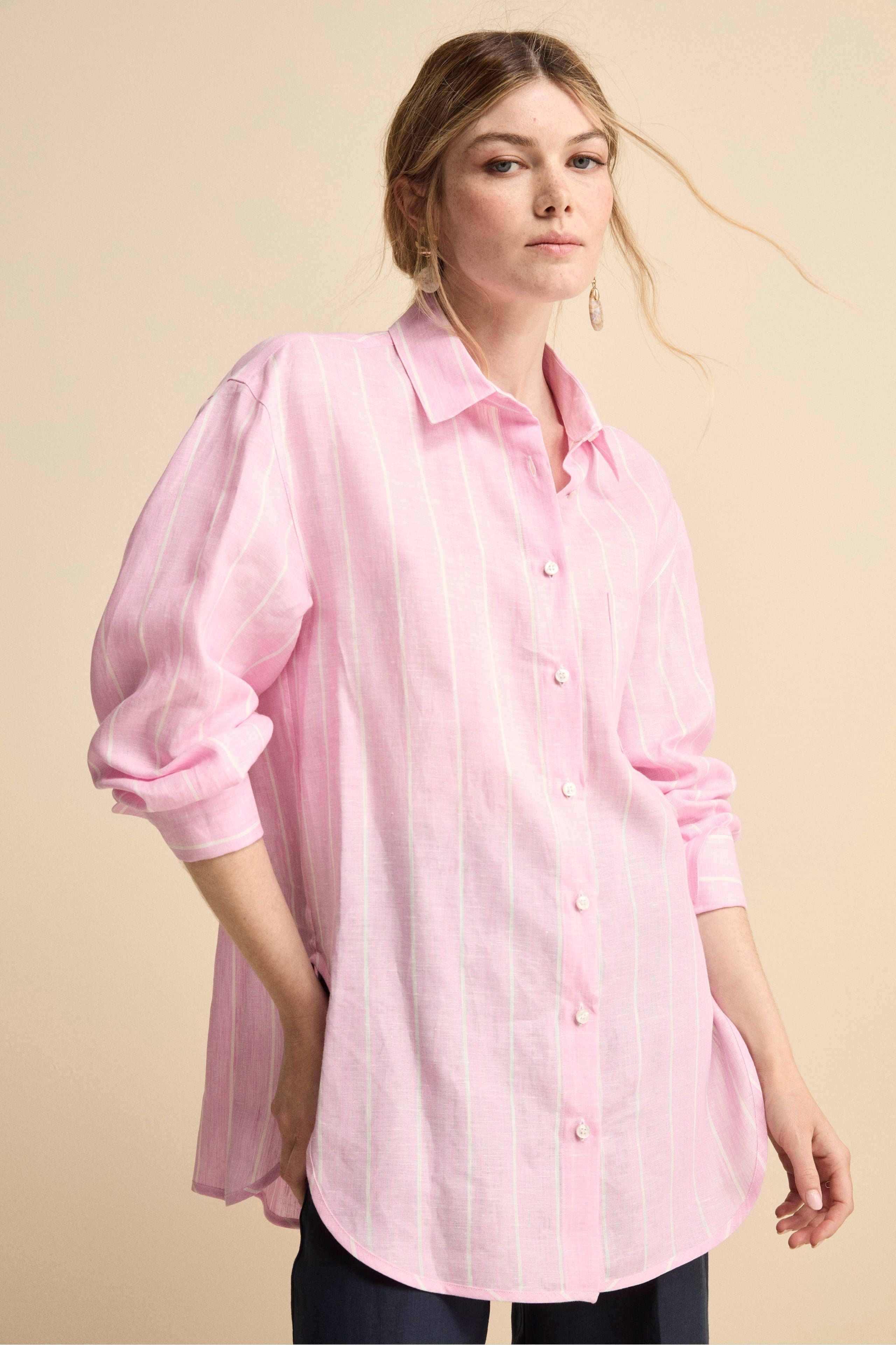 Camicia Over in Lino con Taschino - ROSA RIGATO