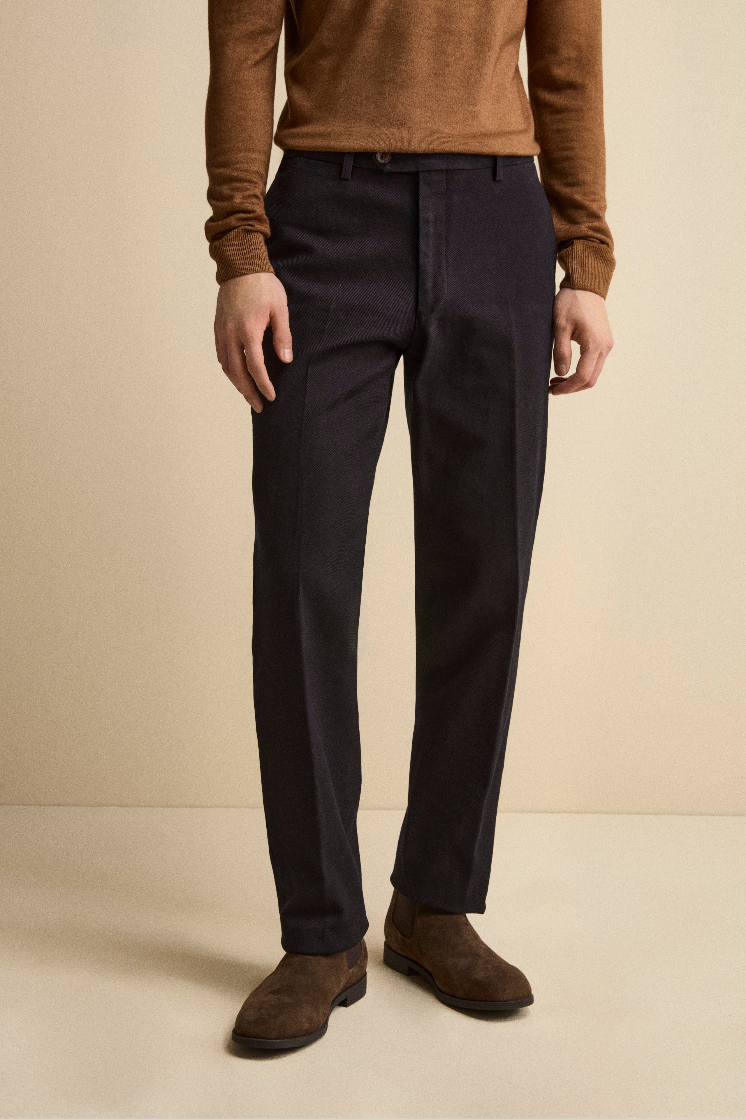 Pantalone con Pieghe Slim Fit in Cotone - BLU