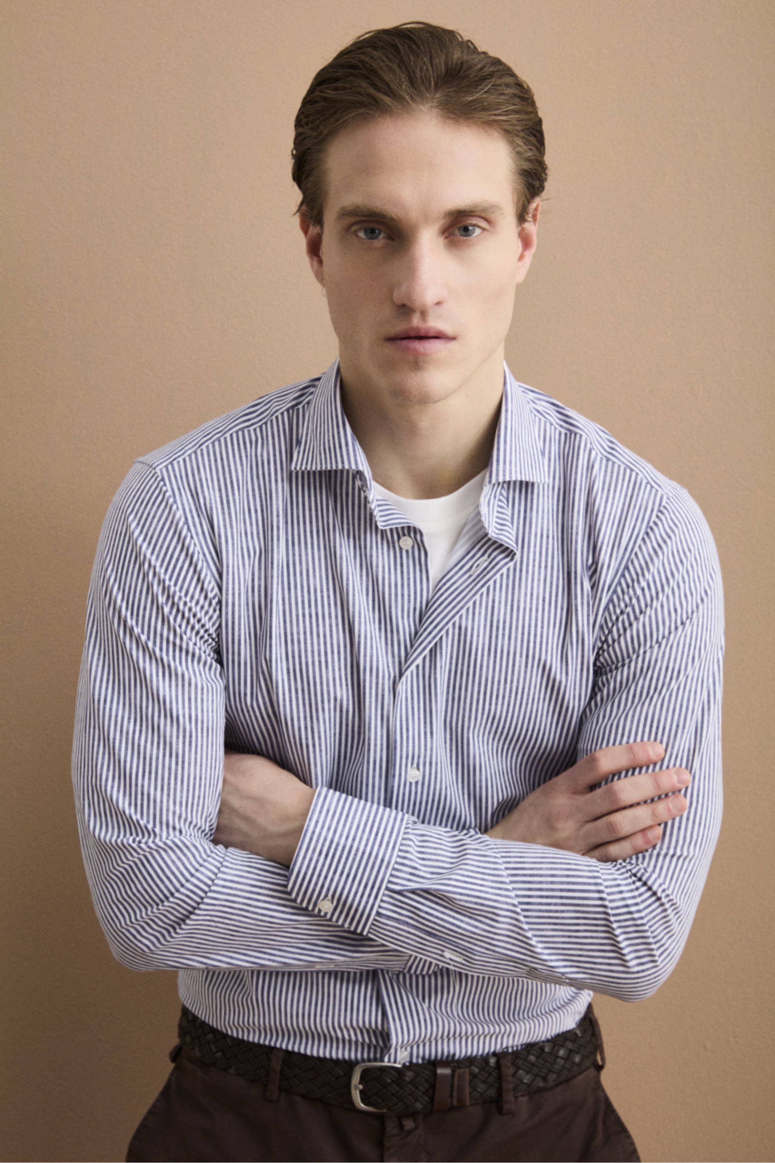 Camicia Custom Fit a Righe in Tessuto Tecnico - BLU RIGATO