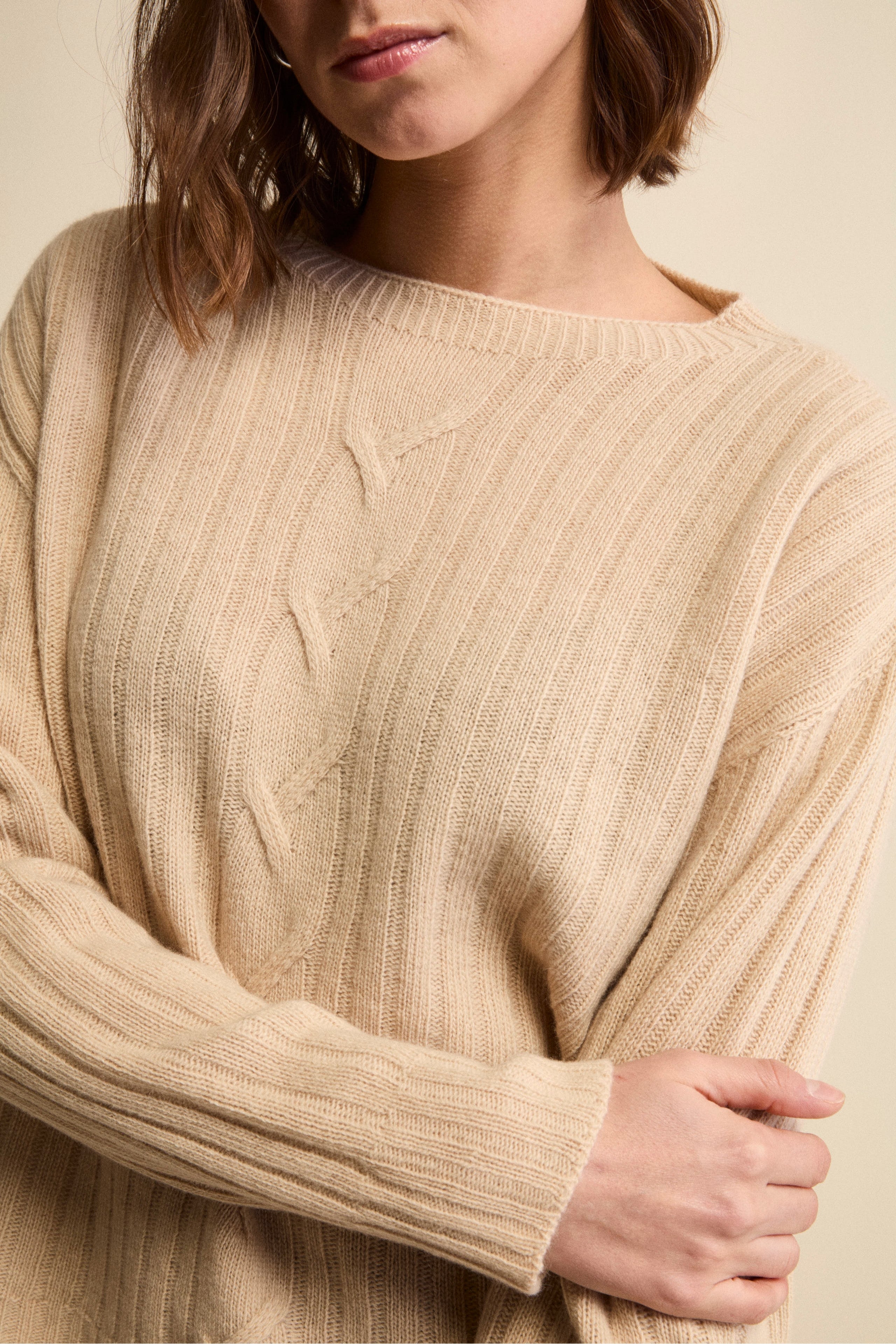 Maglia Barchetta Lavorata in Lana e Cashmere - BEIGE