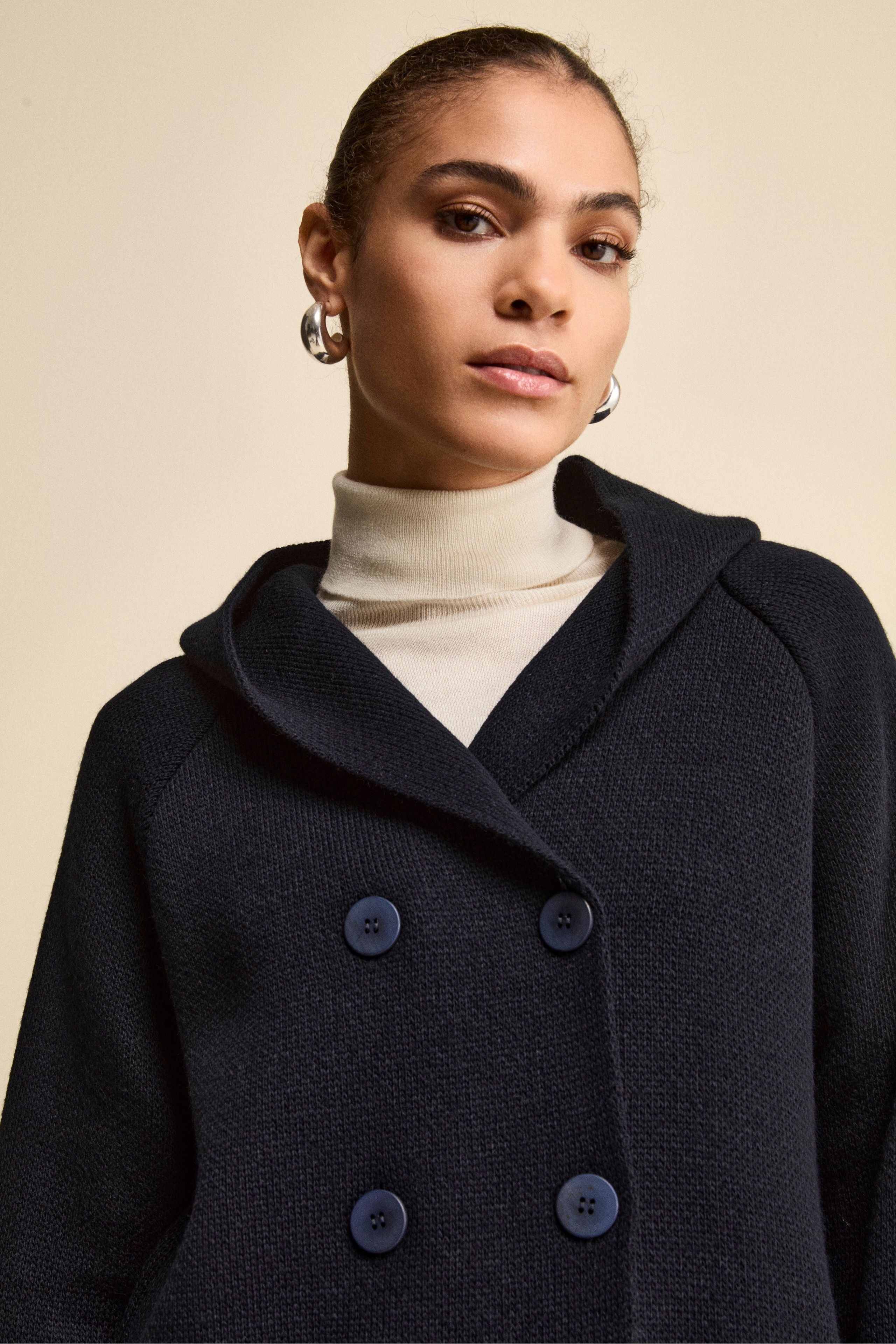 Cardigan Doppiopetto in Maglia con Cappuccio - BLU