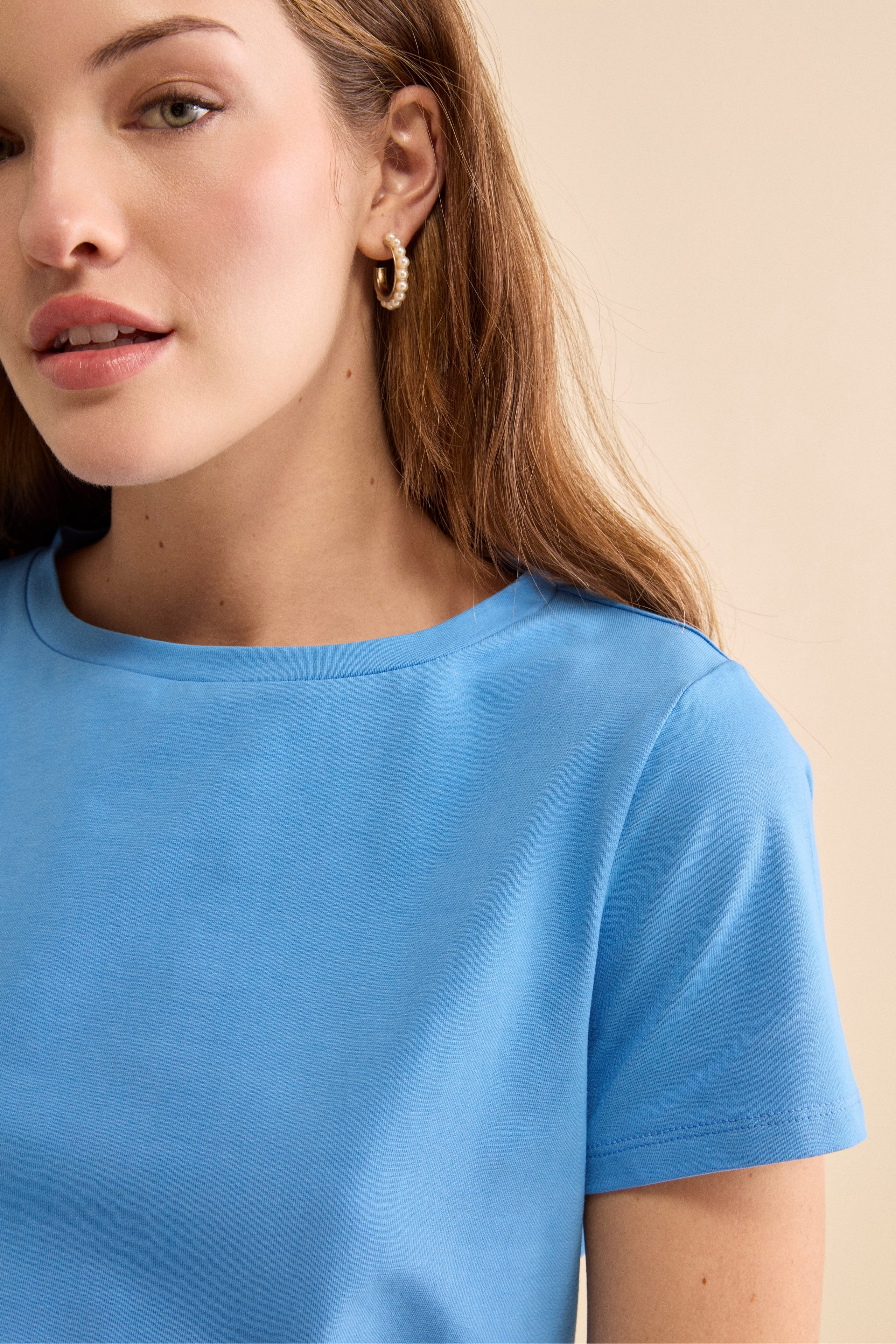 T-Shirt Girocollo in Cotone Elasticizzato - AZZURRO