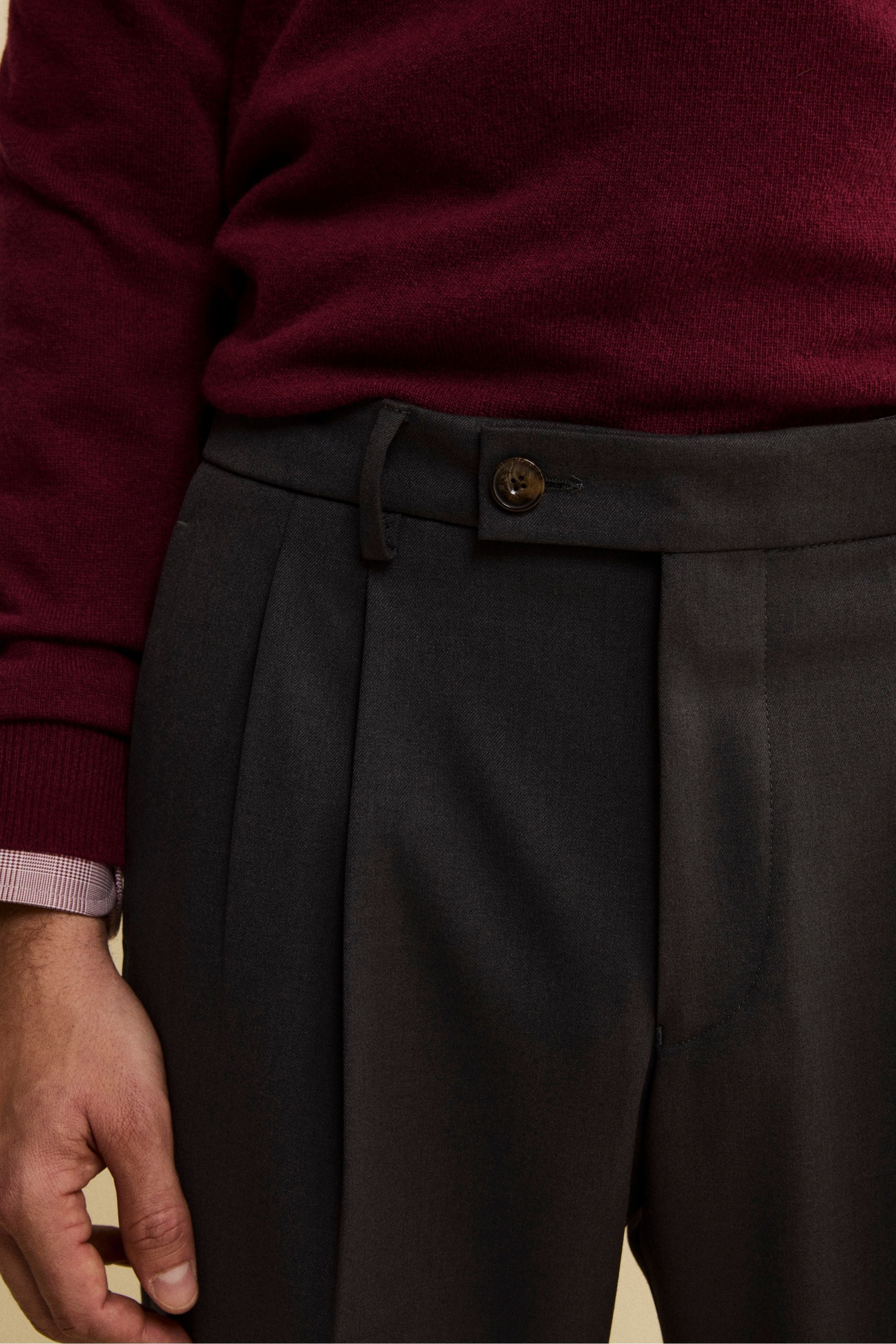 Pantalone Gamba Larga in Misto Lana con Pinces - GRIGIO SCURO