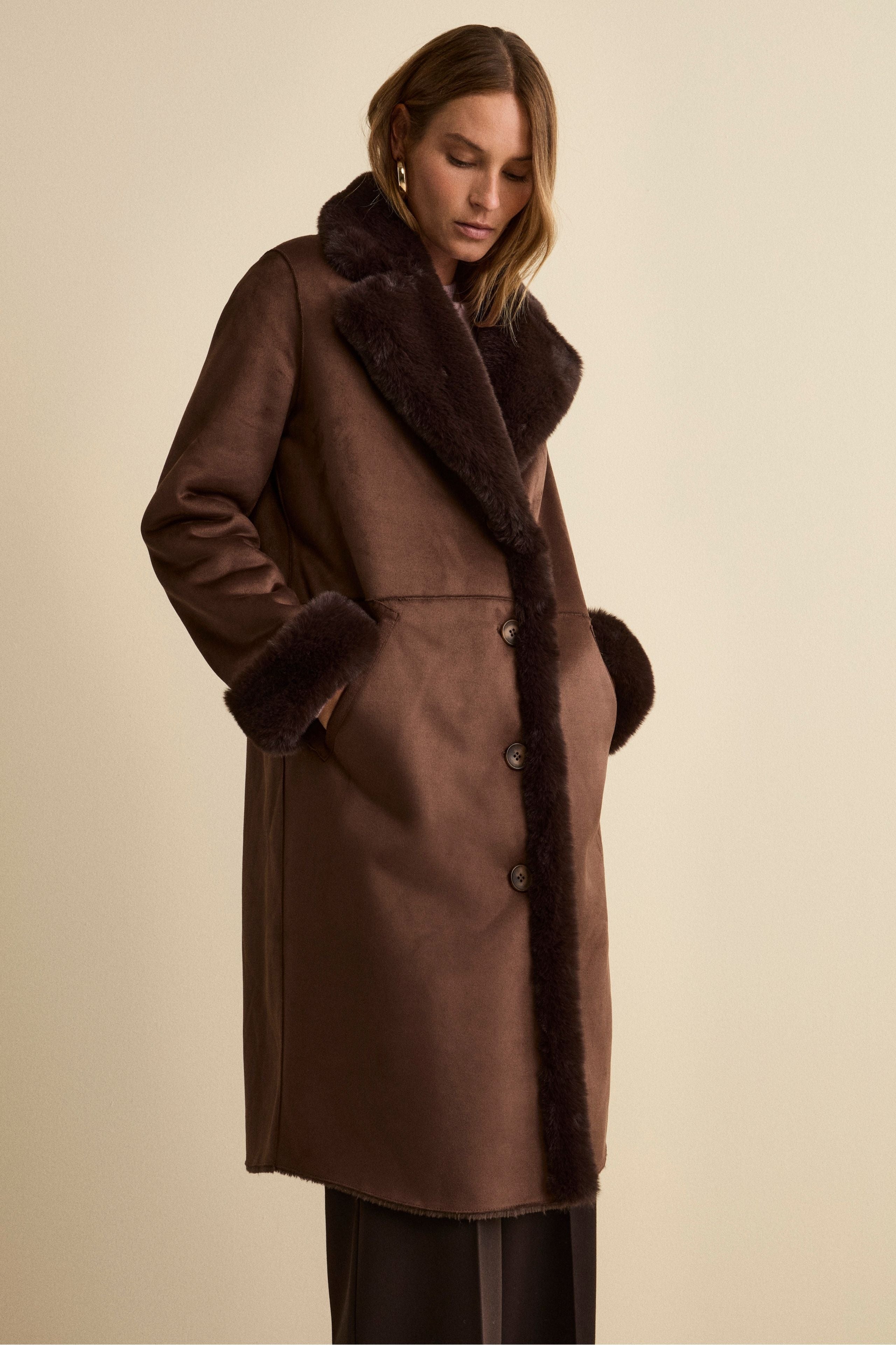 Cappotto Midi Eco-Montone - MARRONE SCURO
