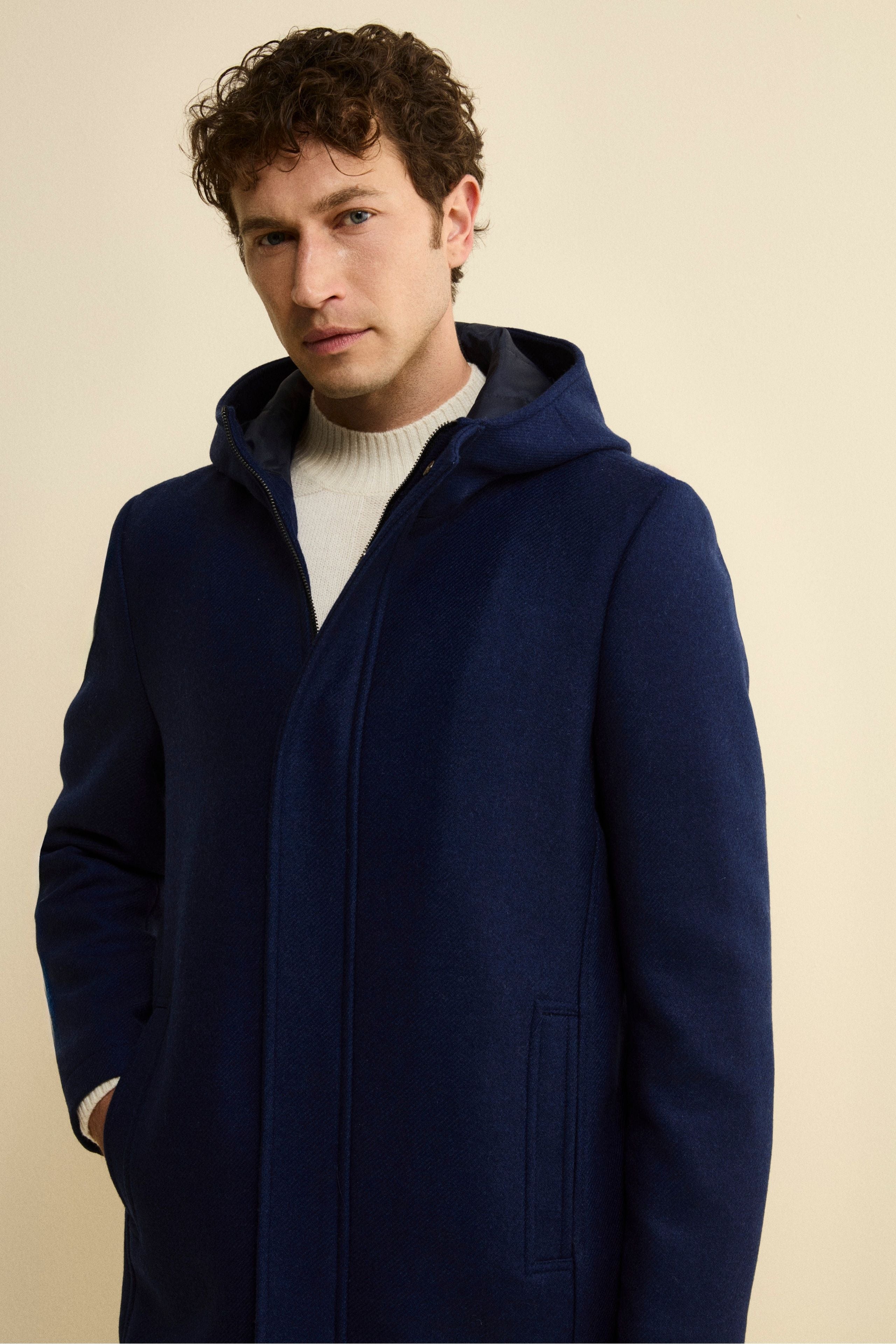 Cappotto Twill in Misto Lana con Zip e Cappuccio - BLU
