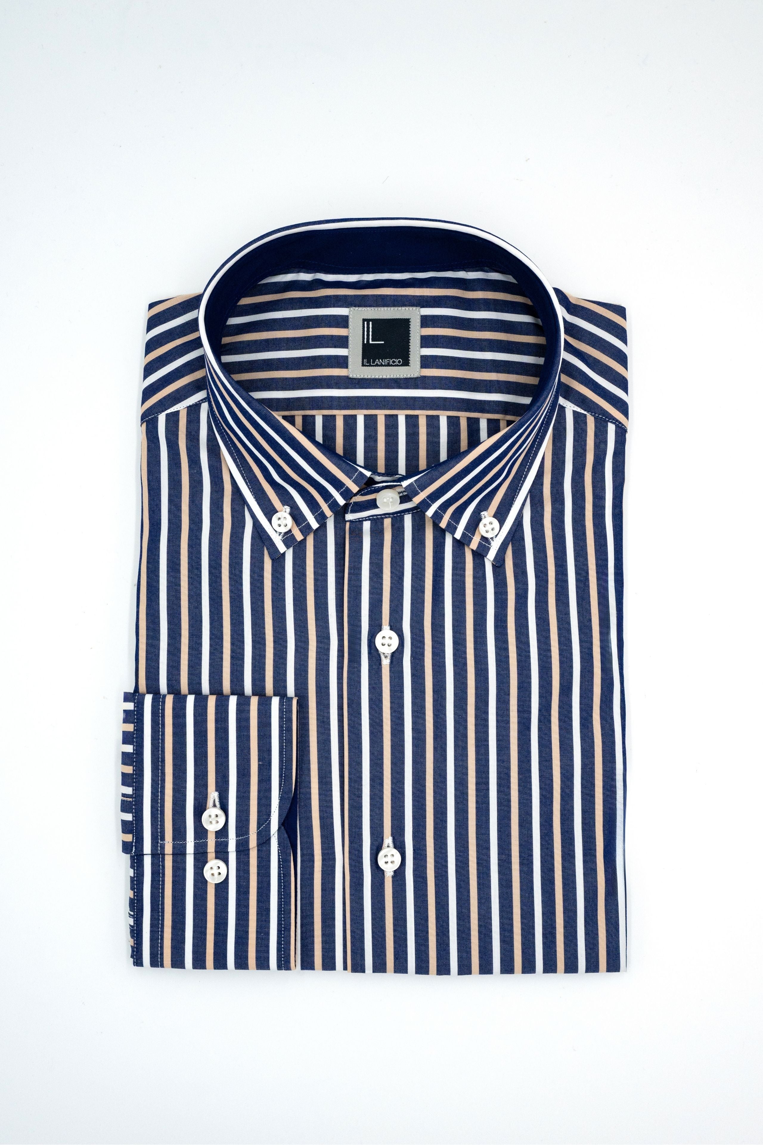 Camicia Slim Fit a Righe Button Down - RIGATO BLU/BEIGE