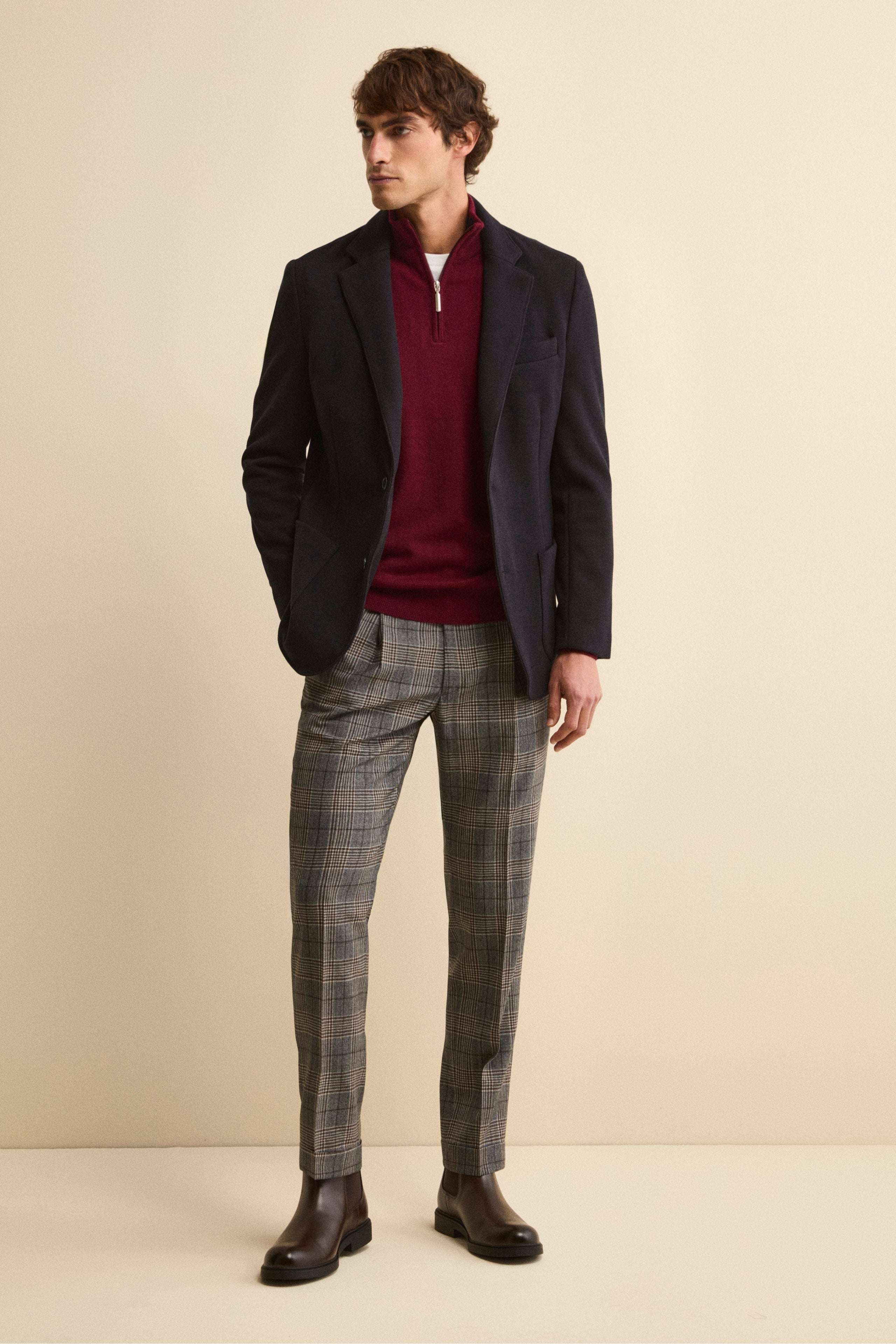 Pantalone Check in Lana con Pinces e Risvolto - GALLES MARRONE