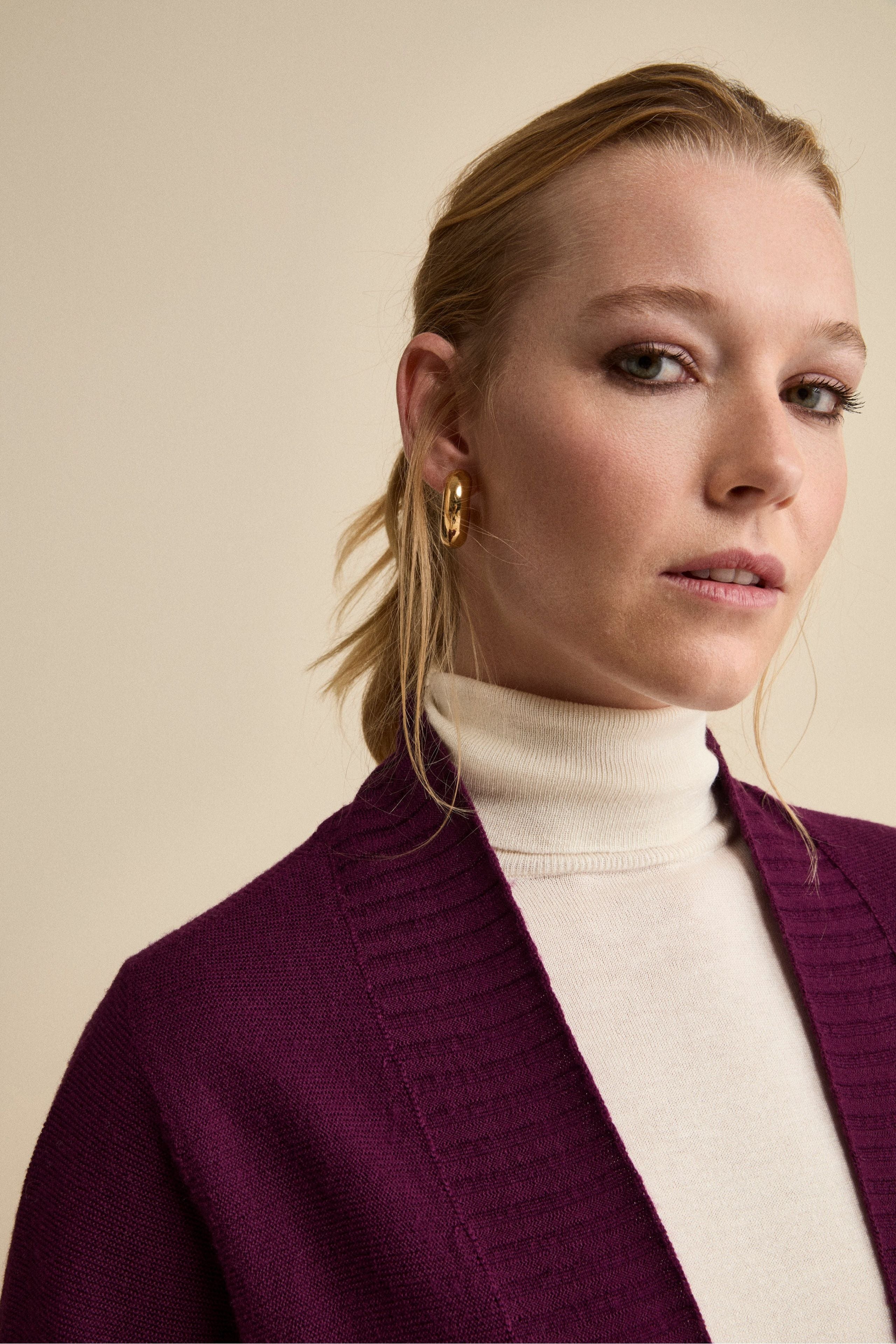 Cardigan Lungo con Collo a Scialle in Lana - PRUGNA