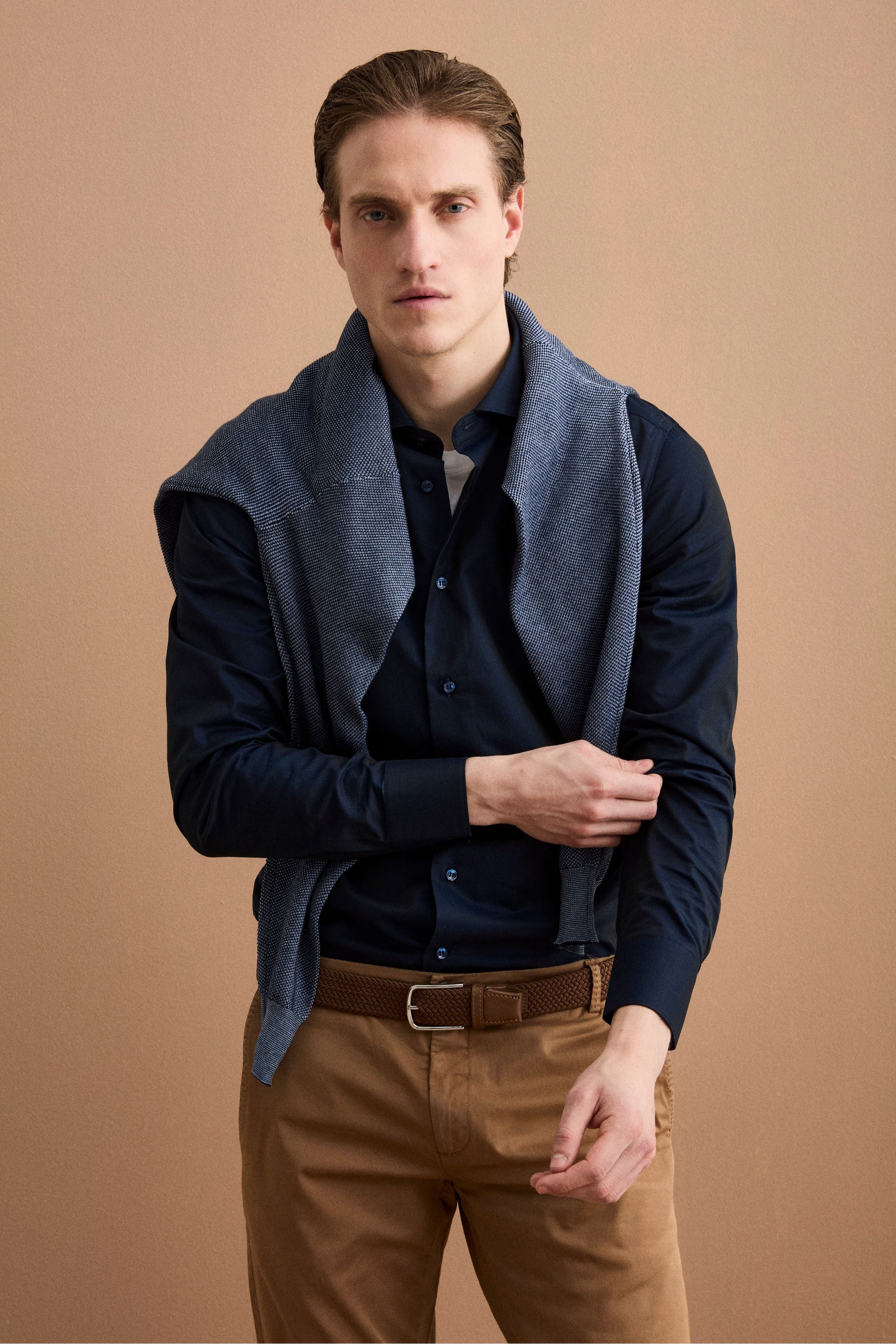 Camicia slim twill collo francese - BLU