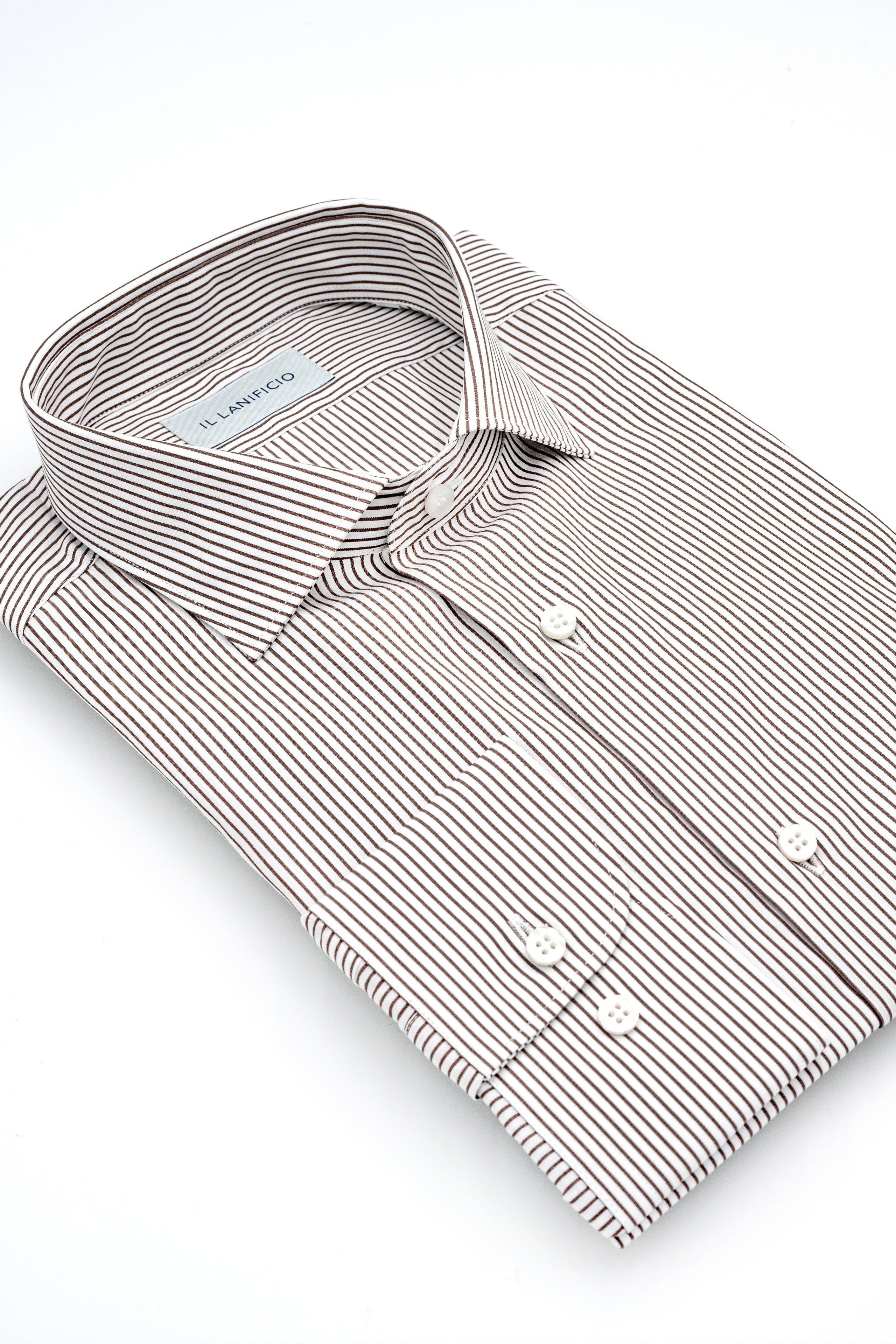 Camicia Fantasia Custom Fit in Cotone Dobby - MARRONE RIGATO