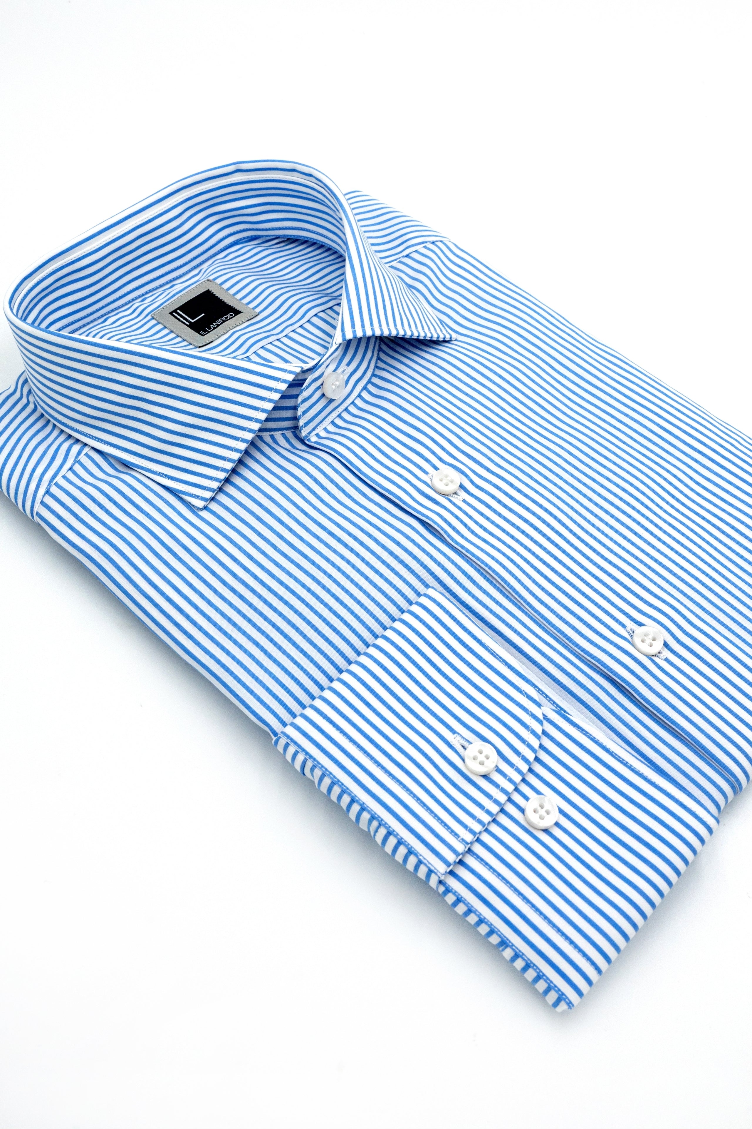 Camicia Slim Fit a Righe con Collo Francese - AZZURRO RIGATO