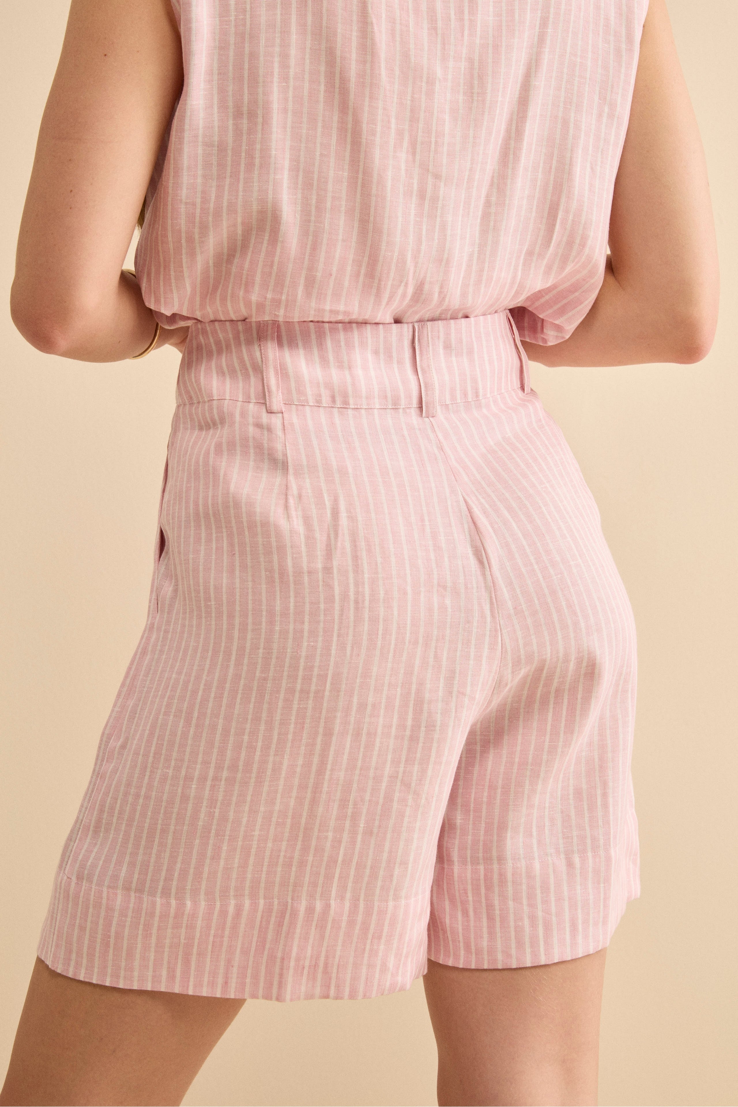 Bermuda in Lino a Righe con Bottoni - ROSA RIGATO