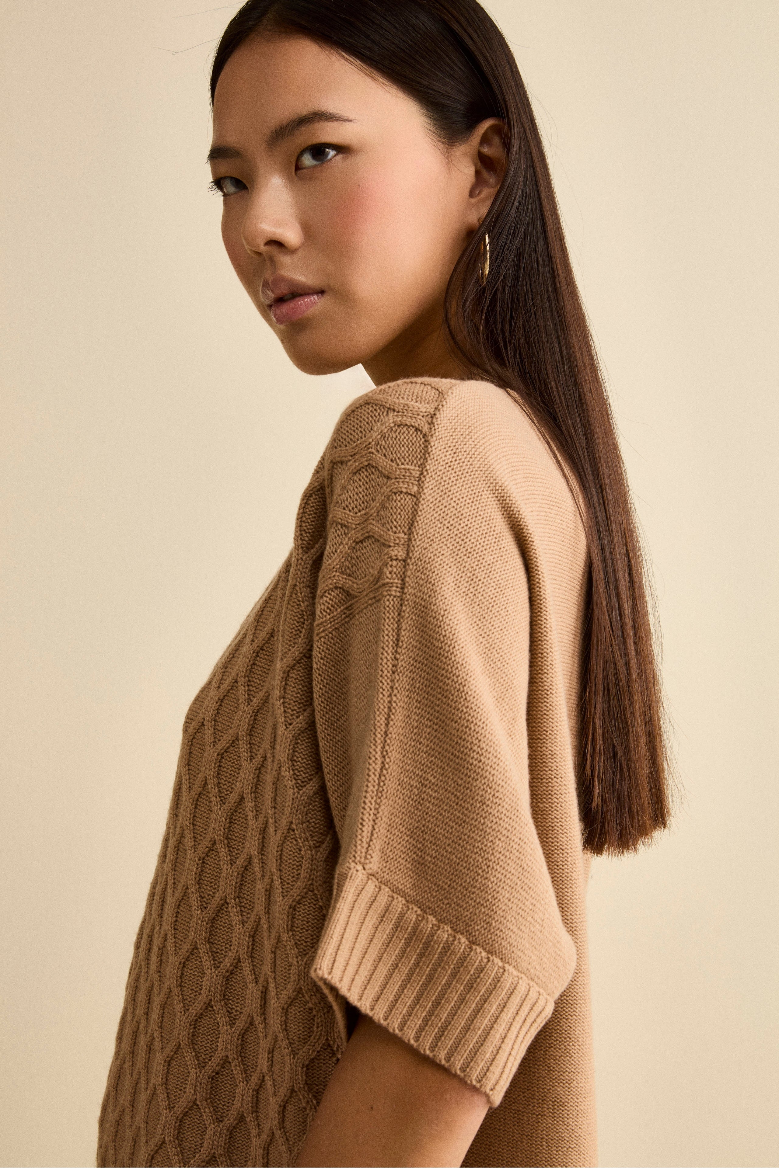 Girocollo Mezza Manica Lavorato in Lana Merino - CAMMELLO