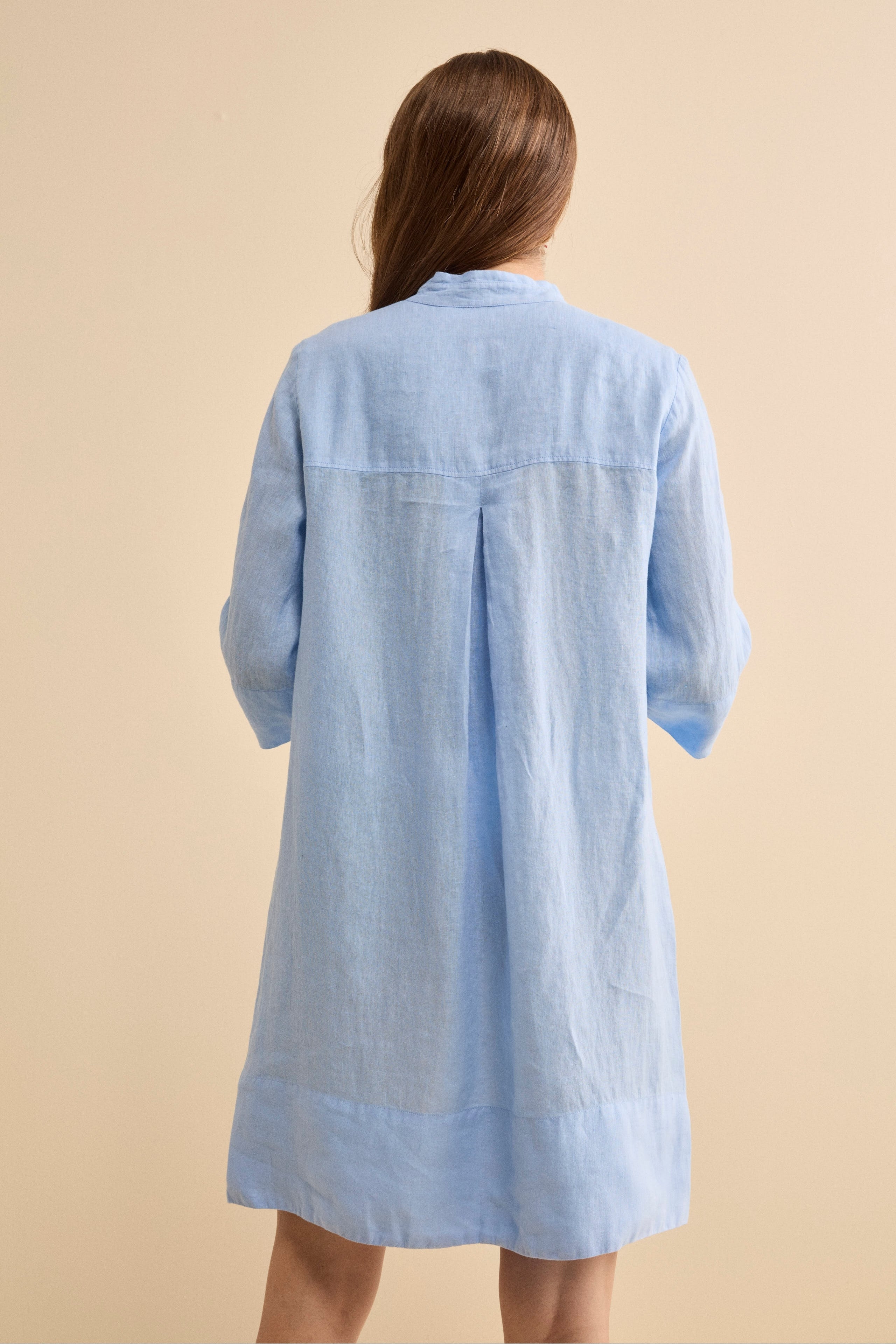 Abito Chemisier Midi in Lino con Collo Coreana - AZZURRO