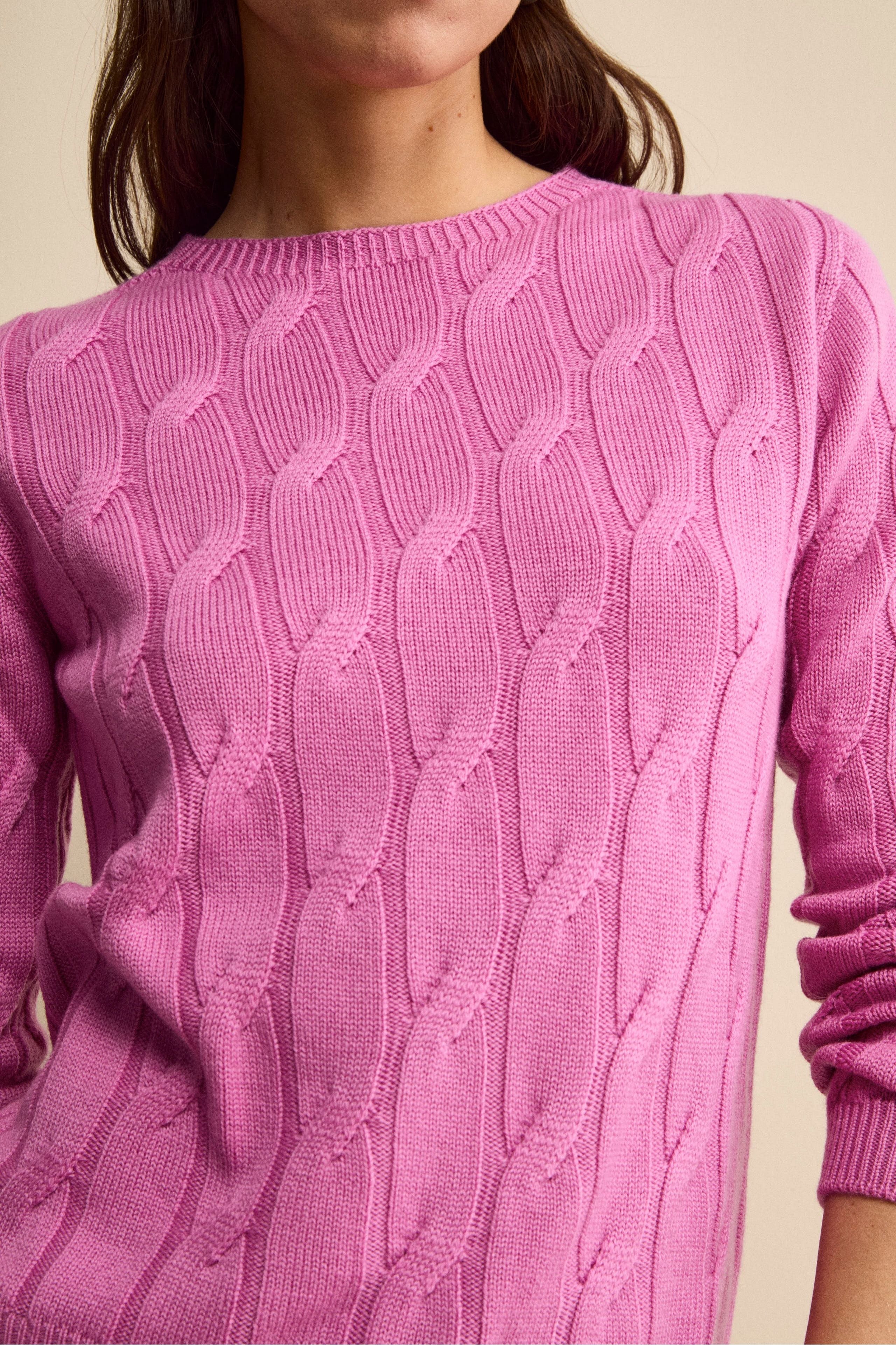 Maglia Girocollo a Trecce in Lana Merino - FUXIA