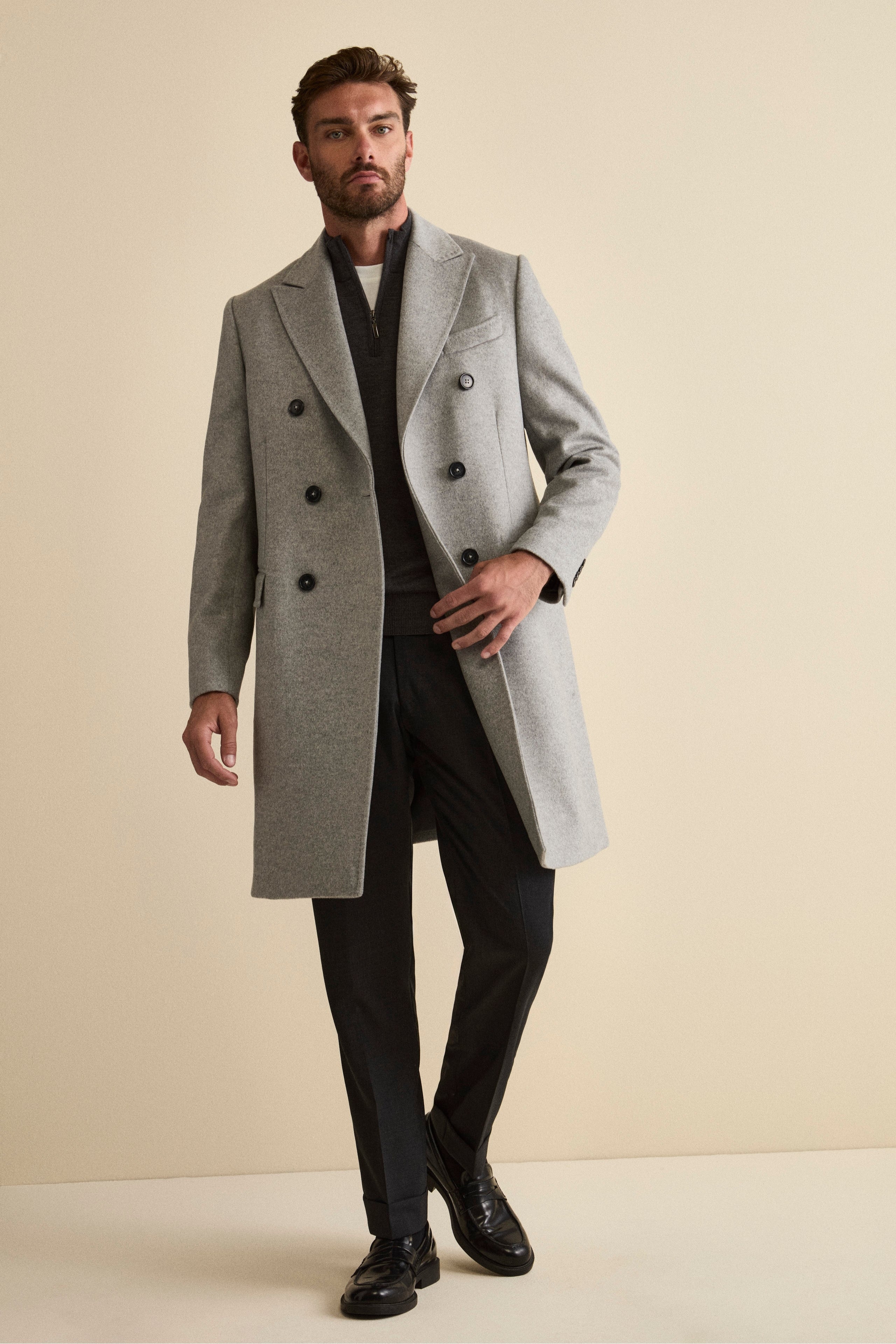 Cappotto Midi Doppiopetto in Misto Lana e Cashmere con Martingala - GRIGIO CHIARO