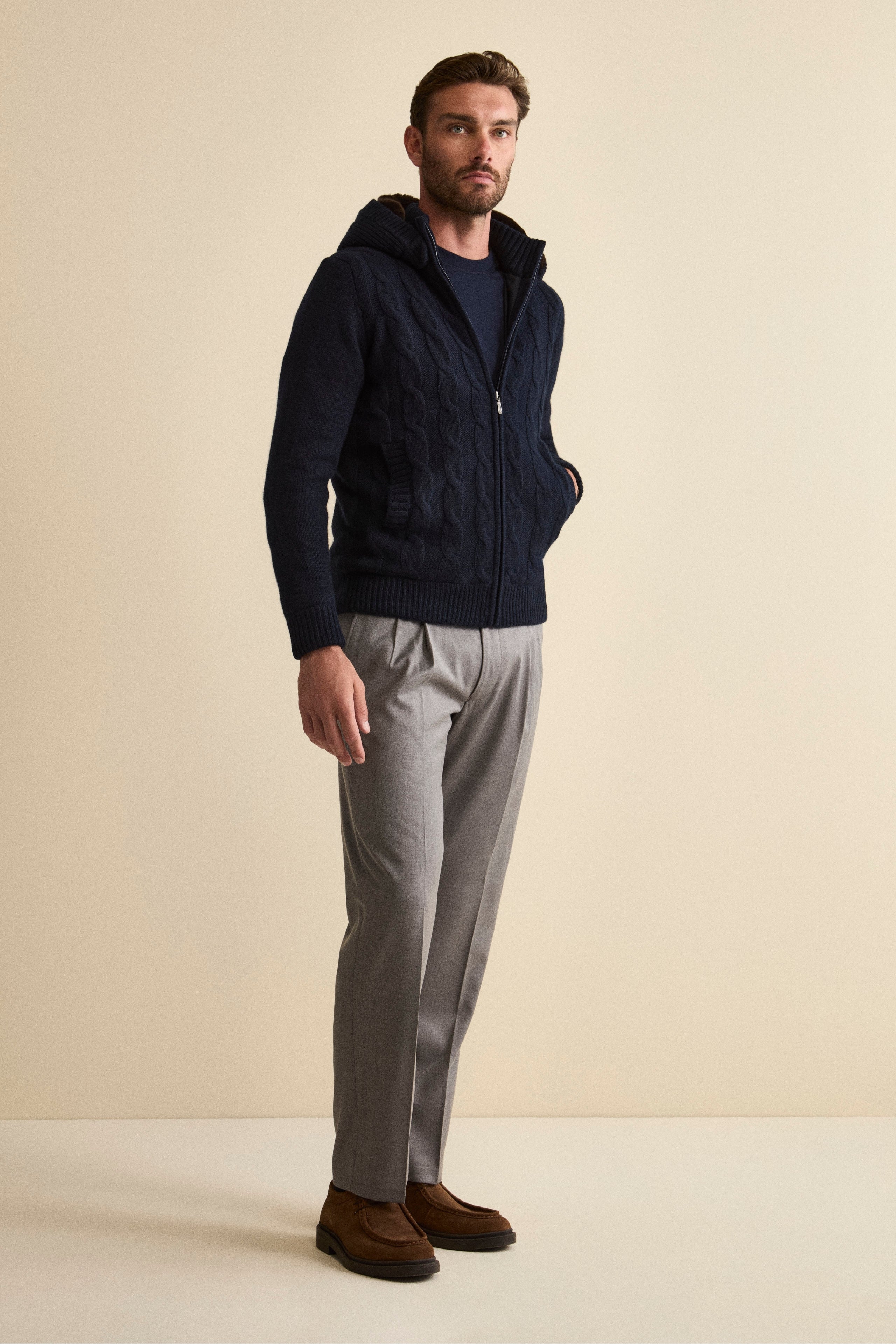 Pantalone Pinces Gamba Larga in Misto Lana - GRIGIO MELANGE