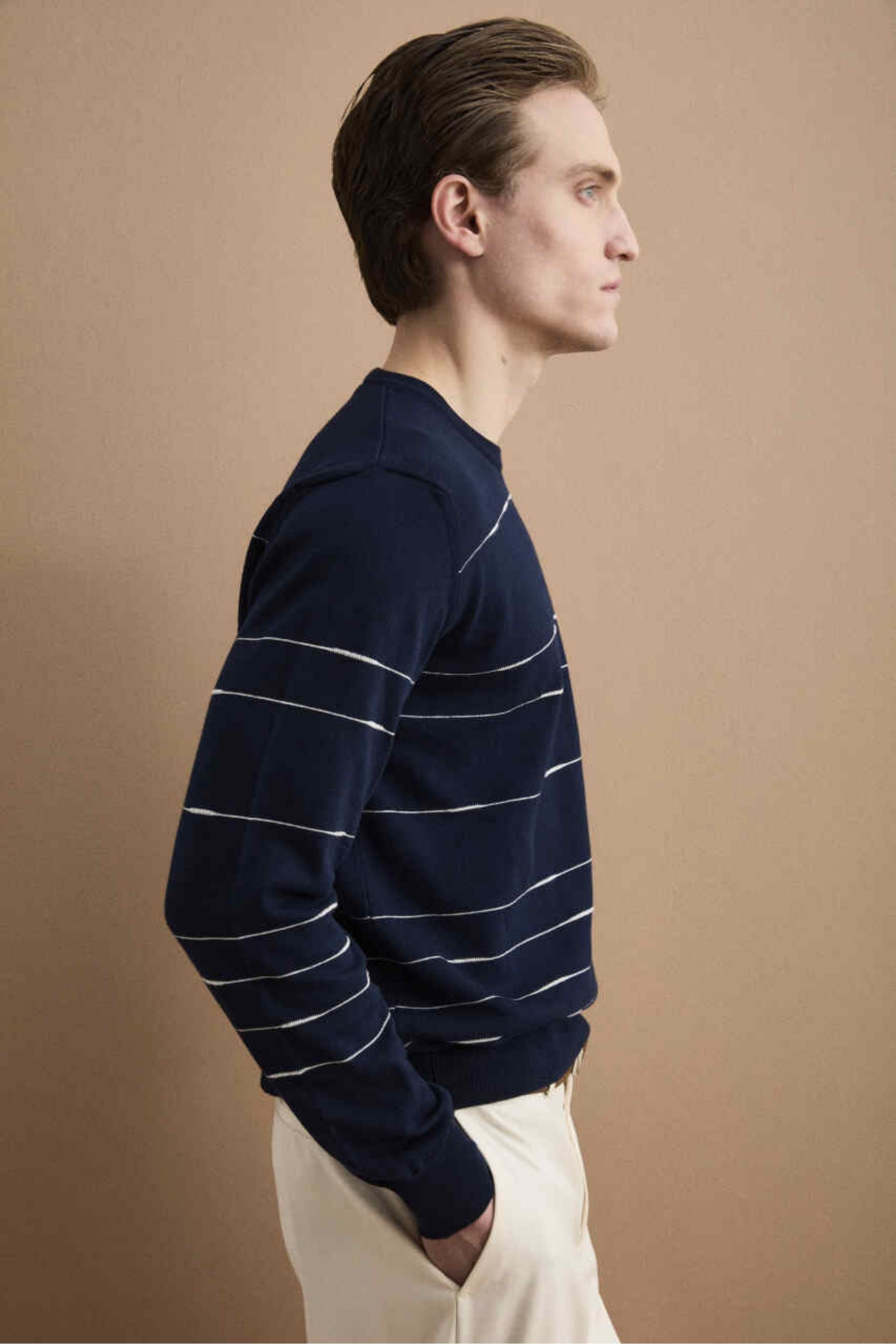 Maglia Girocollo a Righe Regular Fit in Cotone - BLU/BIANCO