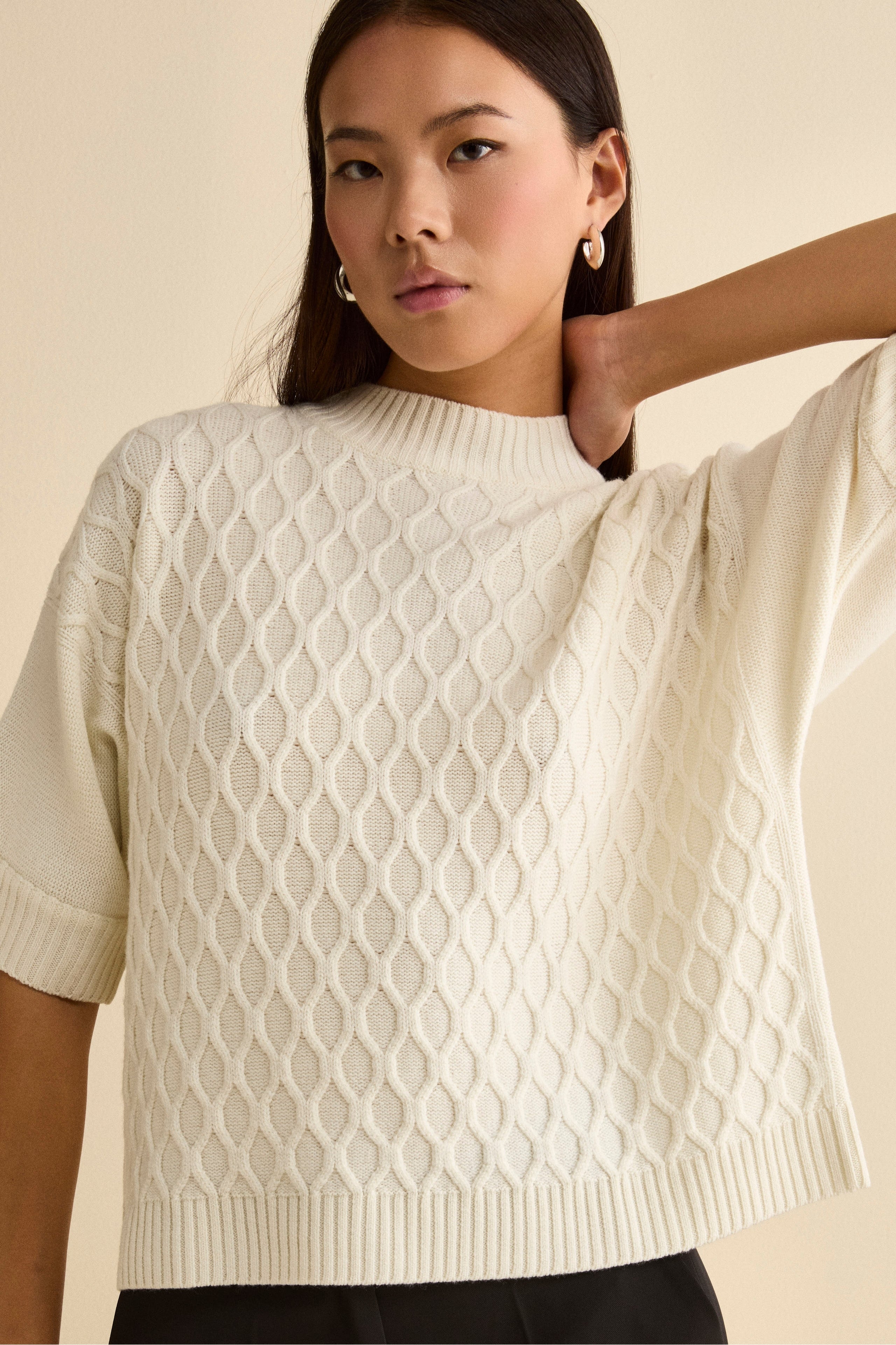 Girocollo Mezza Manica Lavorato in Lana Merino - ECRU