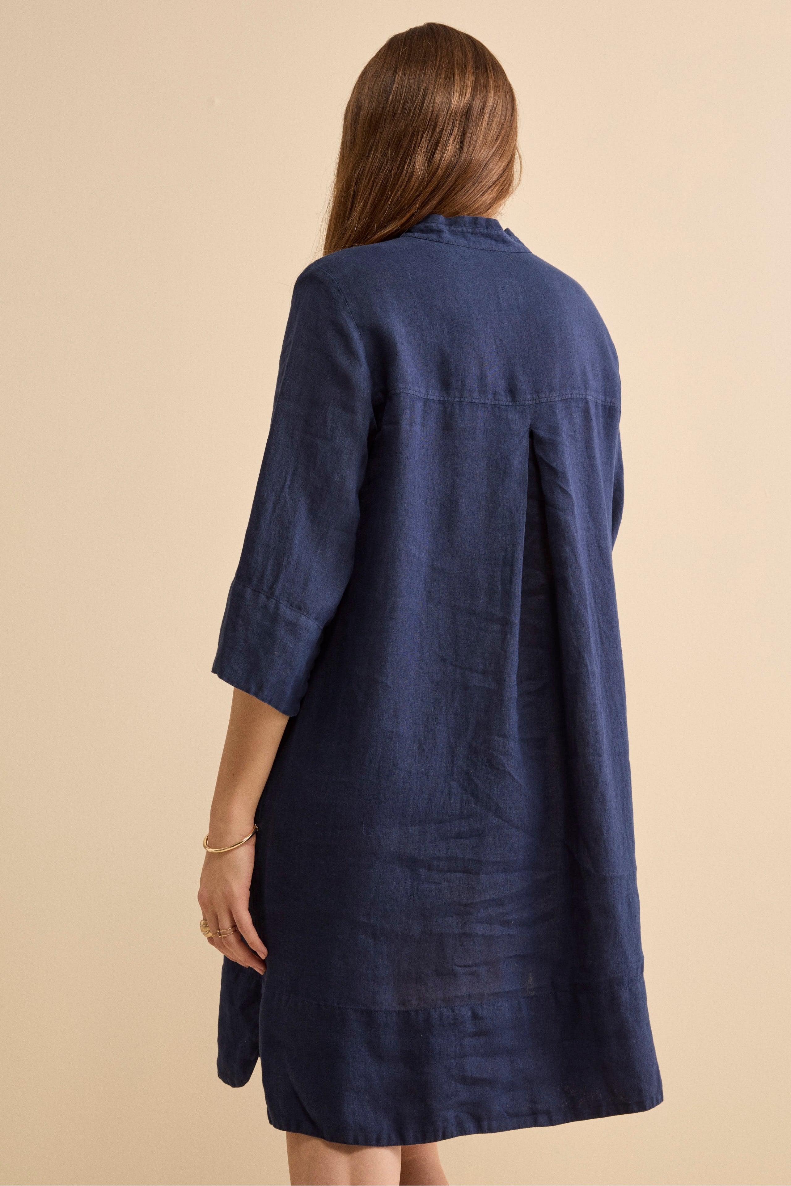 Abito Chemisier Midi in Lino con Collo Coreana - NAVY