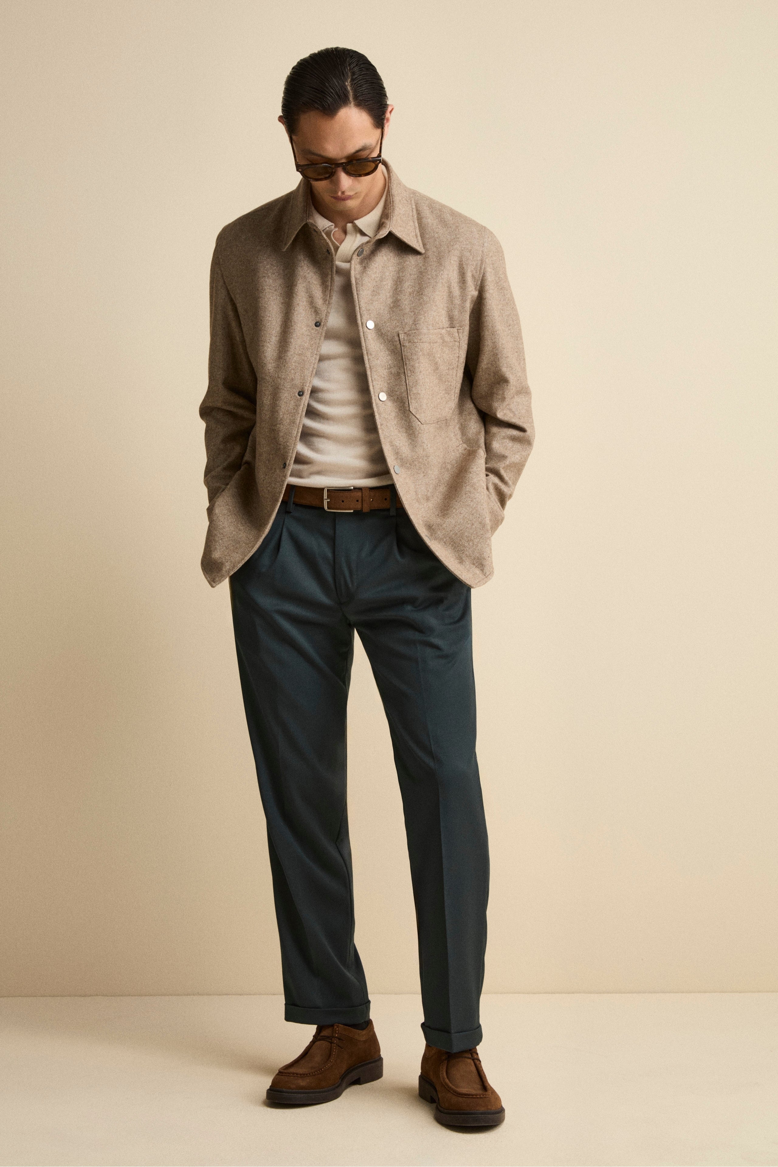 Pantalone Straight in Misto Lana con Pinces e Risvolto - VERDE SCURO