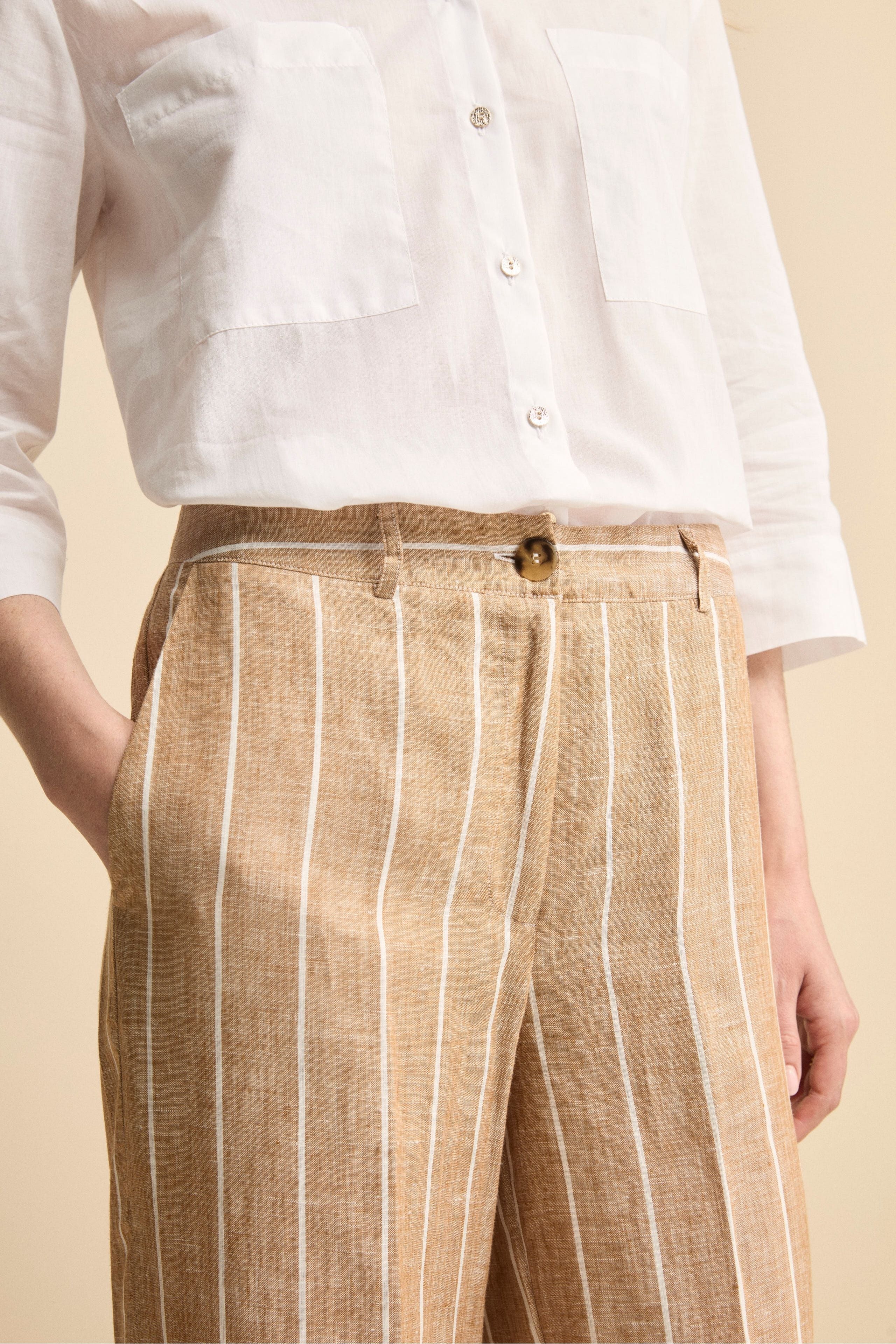 Pantalone Morbido Gessato in Lino - MARRONE RIGATO
