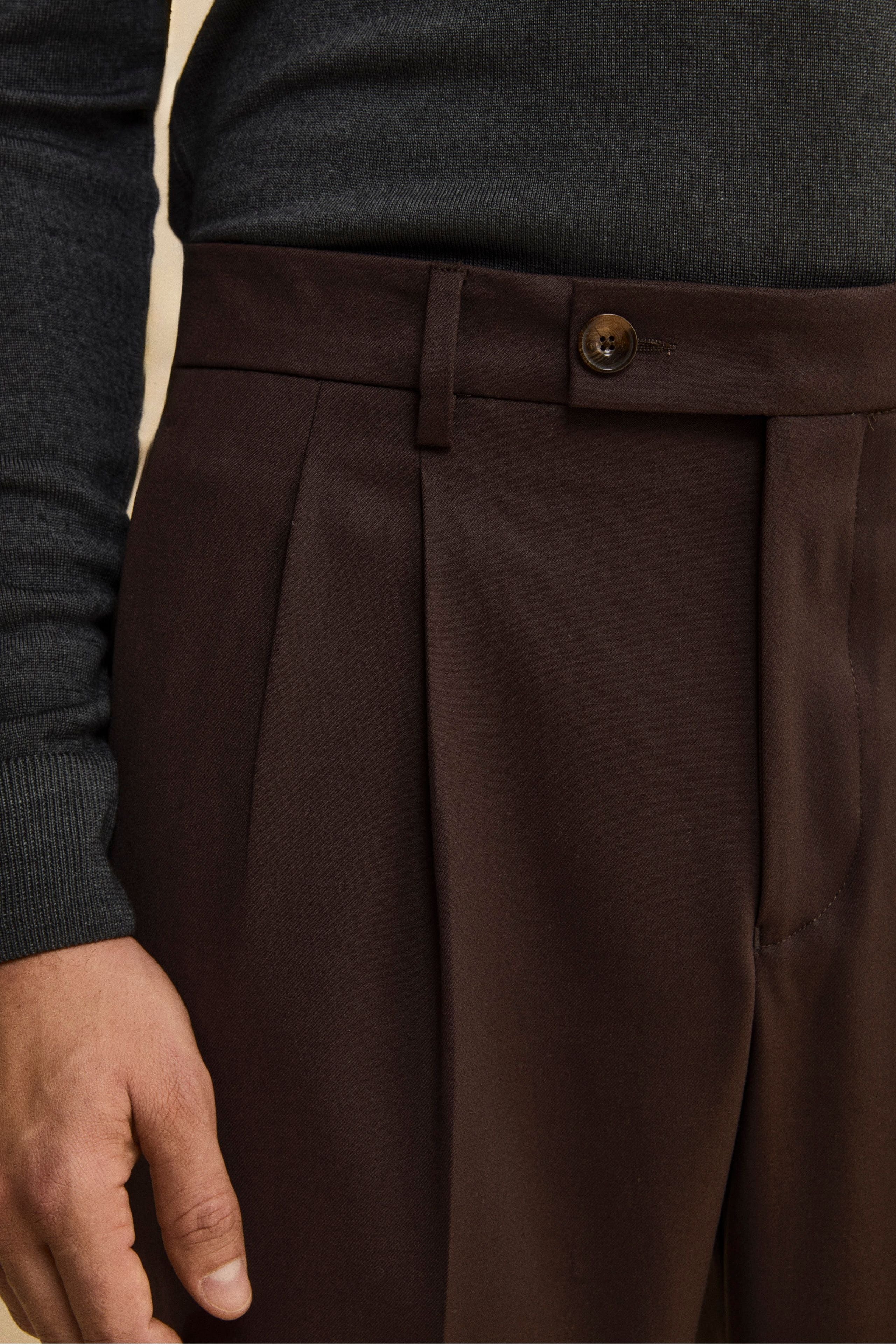 Pantalone Gamba Larga in Misto Lana con Pinces - MARRONE