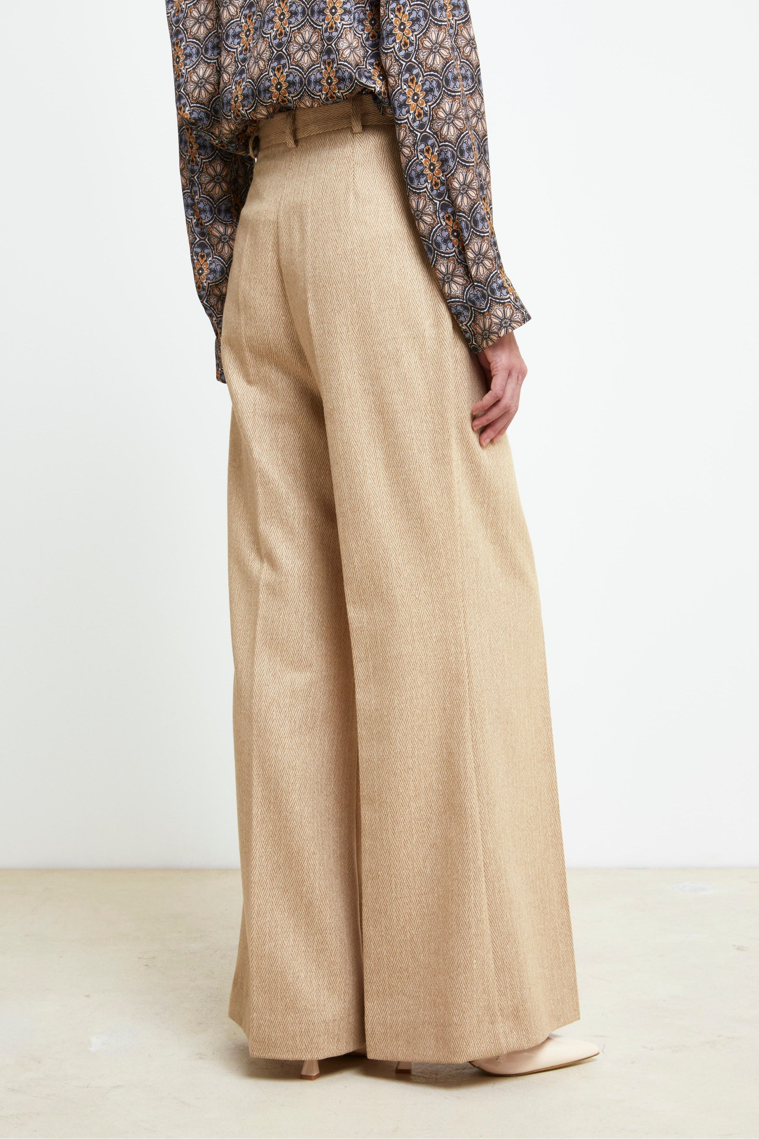 Pantalone Gamba Larga in Lana - BEIGE SPIGATO