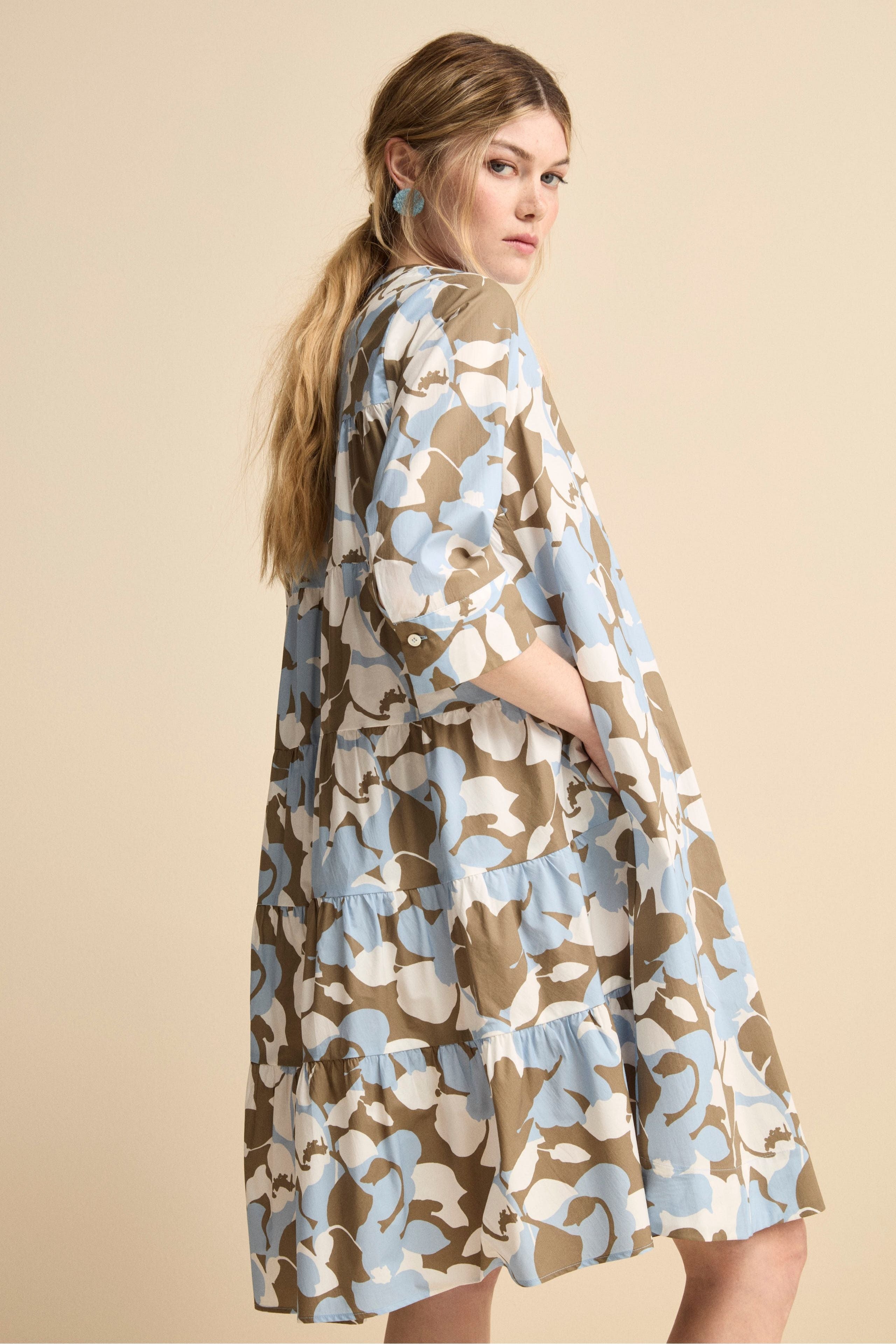 Abito Midi Floreale in Popeline - FANT. BIANCO/AZZURRO