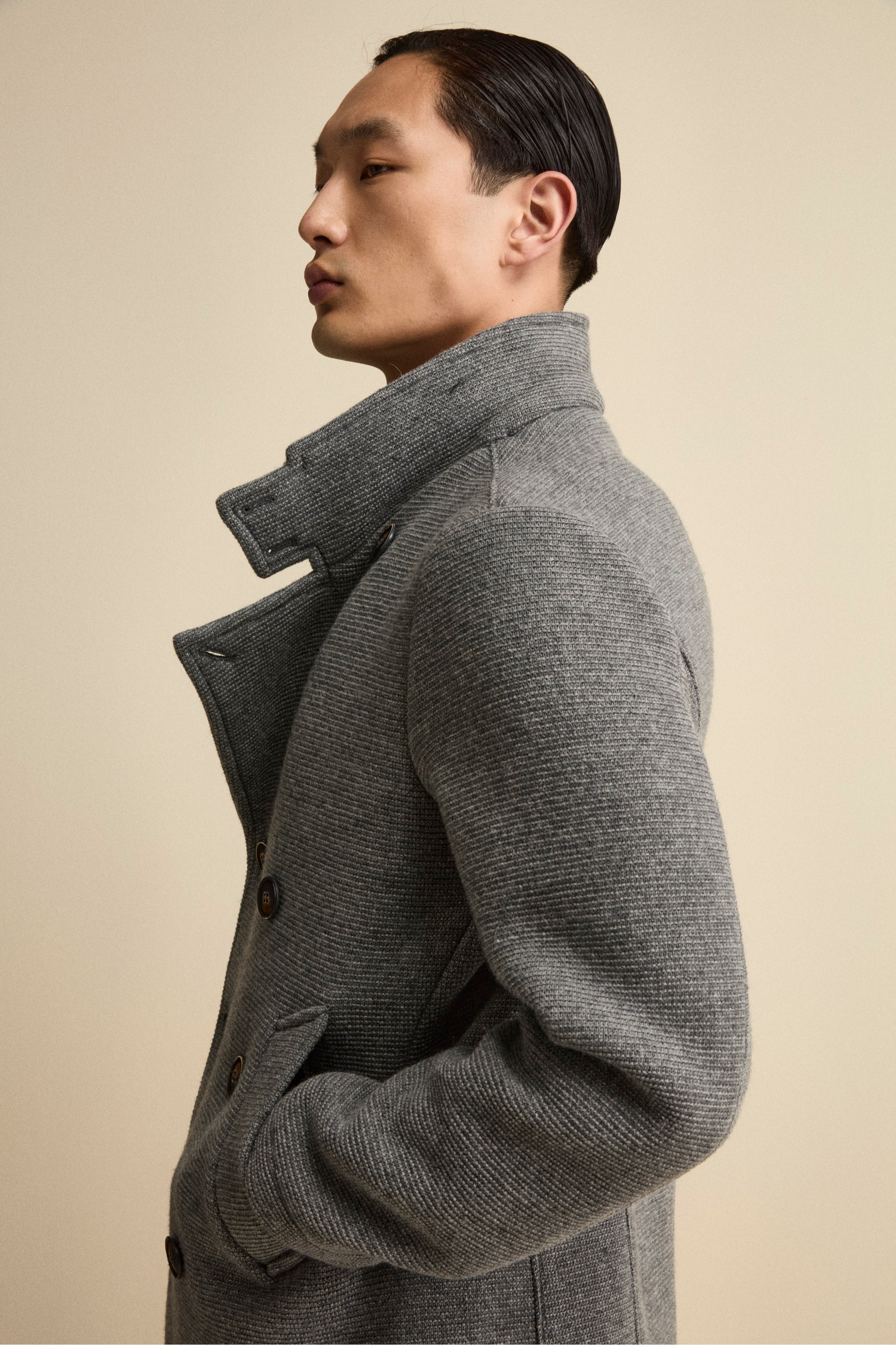Peacoat Doppiopetto in Misto Lana con Pettorina - GRIGIO MELANGE