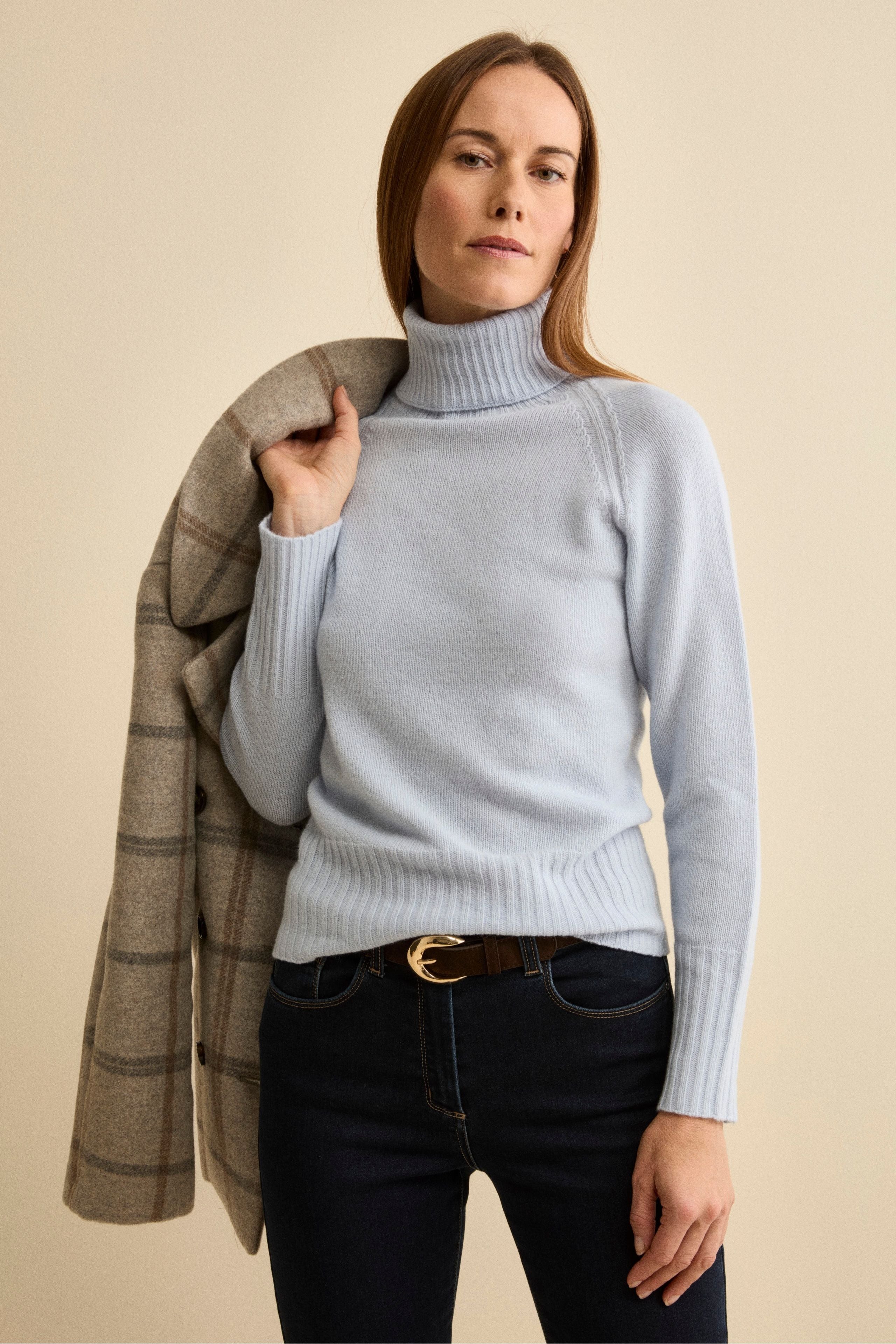 Dolcevita Raglan in Lana e Cashmere con Collo a Coste - AZZURRO