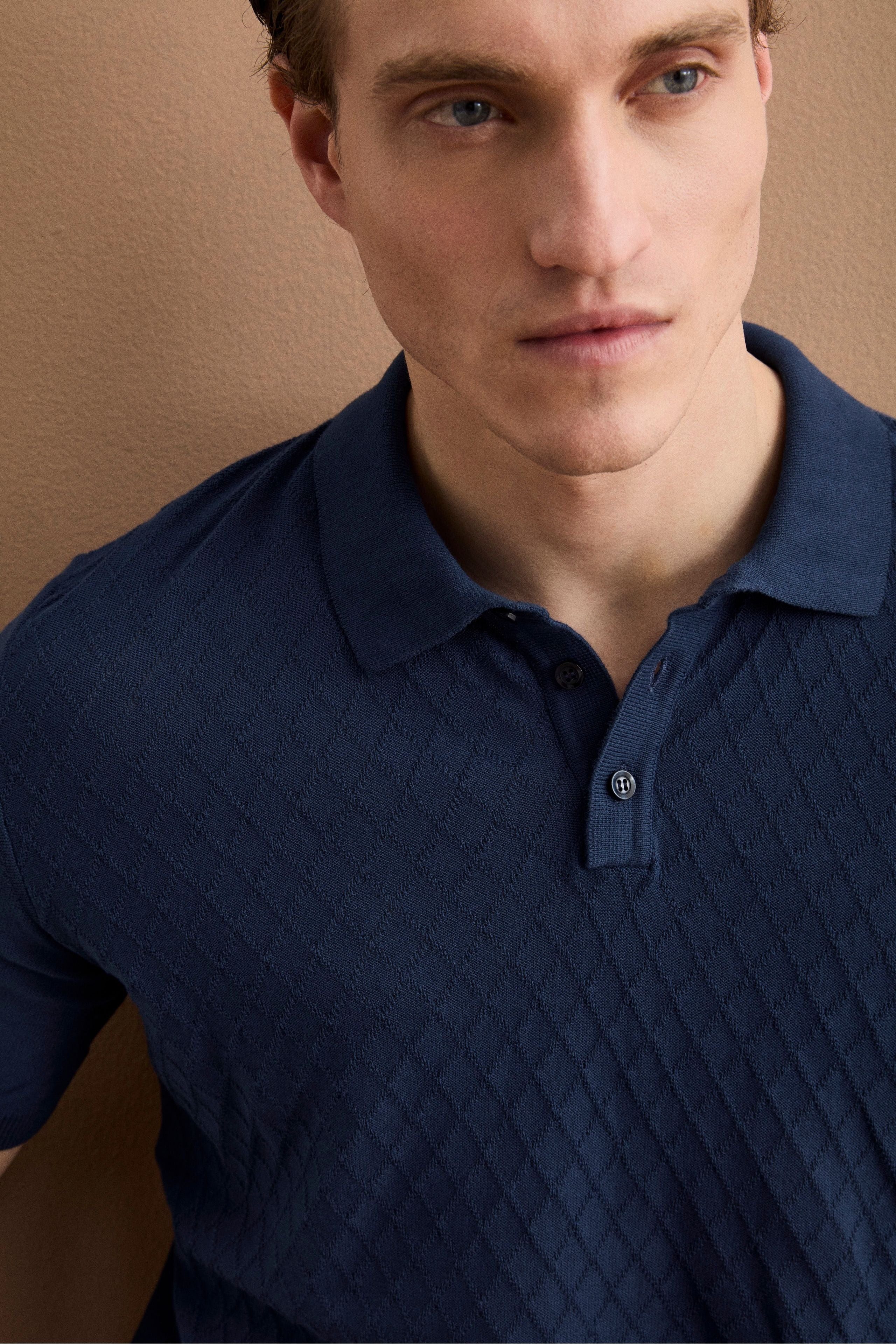 Polo Mezza Manica a Rombi in Cotone Crêpe - BLU CHIARO