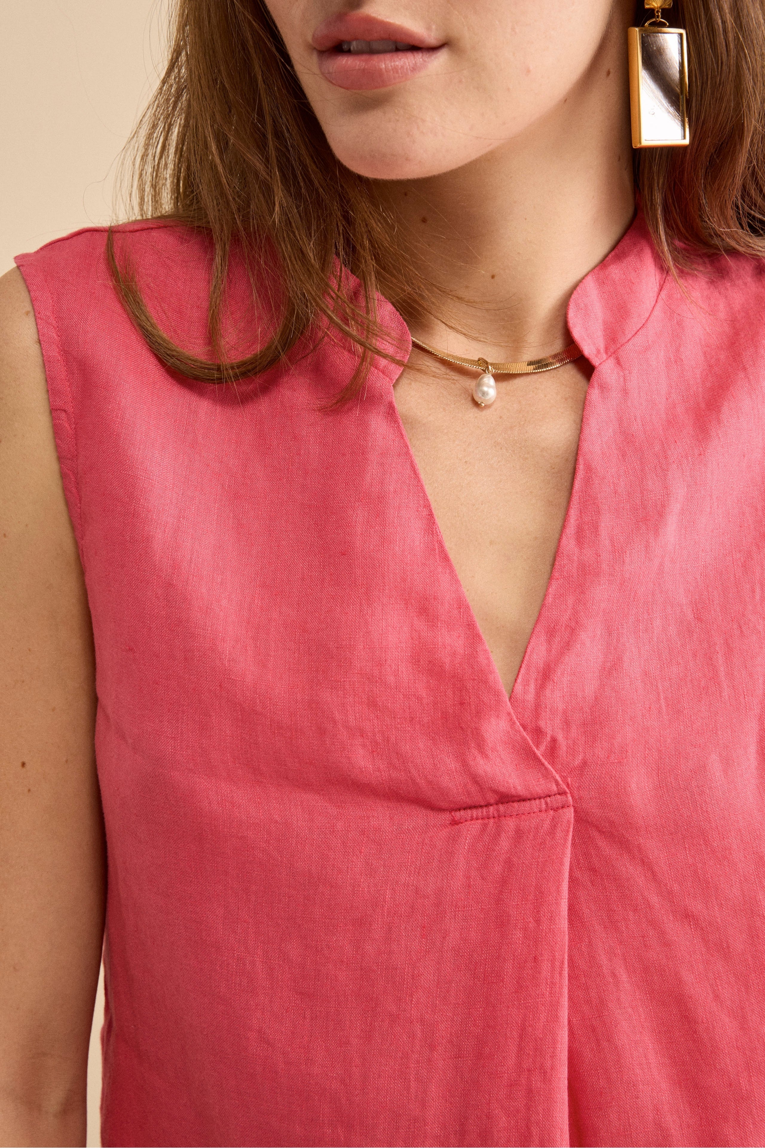 Top Incrociato in Lino con Scollo a V - CORALLO