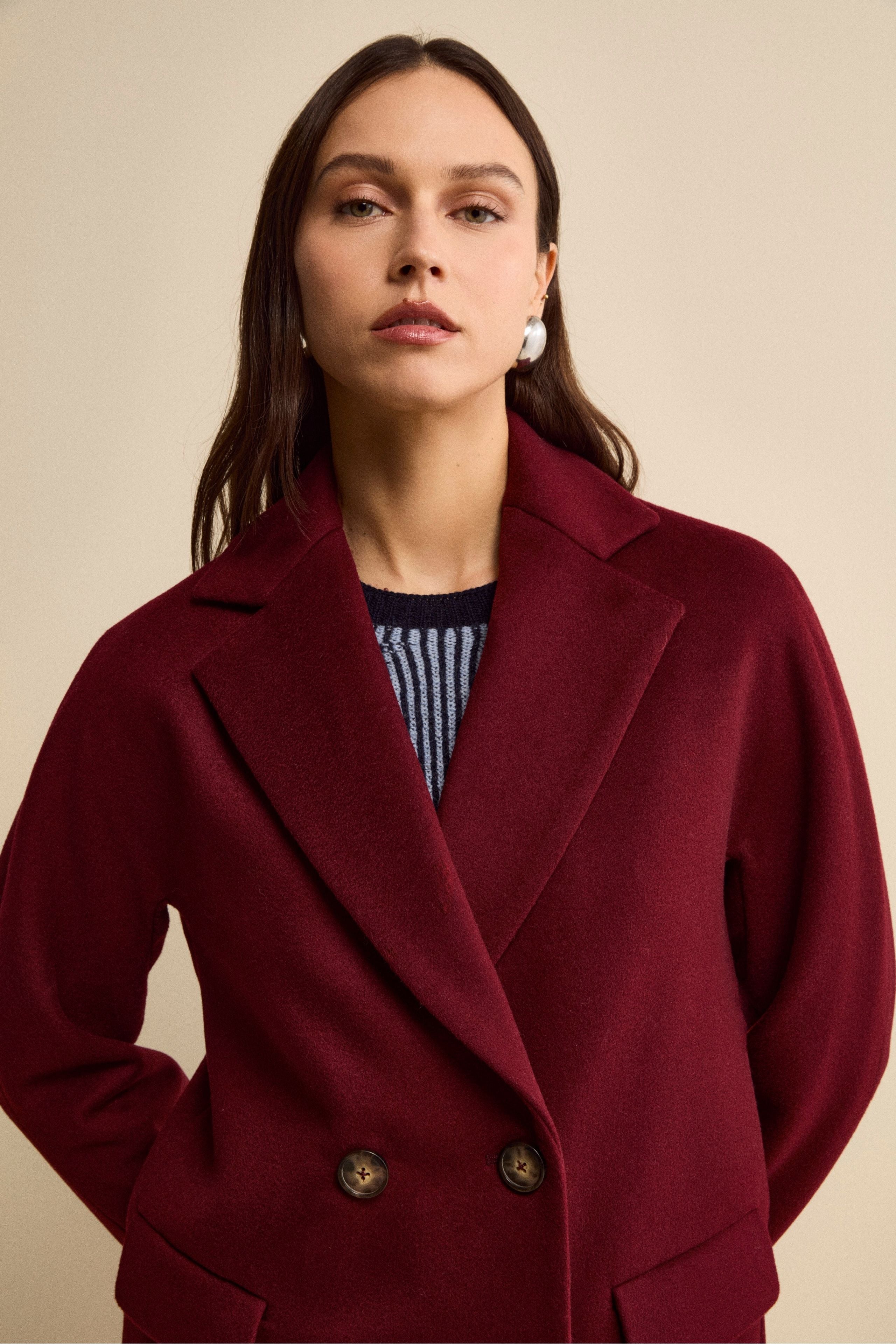 Cappotto Midi Doppiopetto in Misto Lana e Cashmere - BORDEAUX