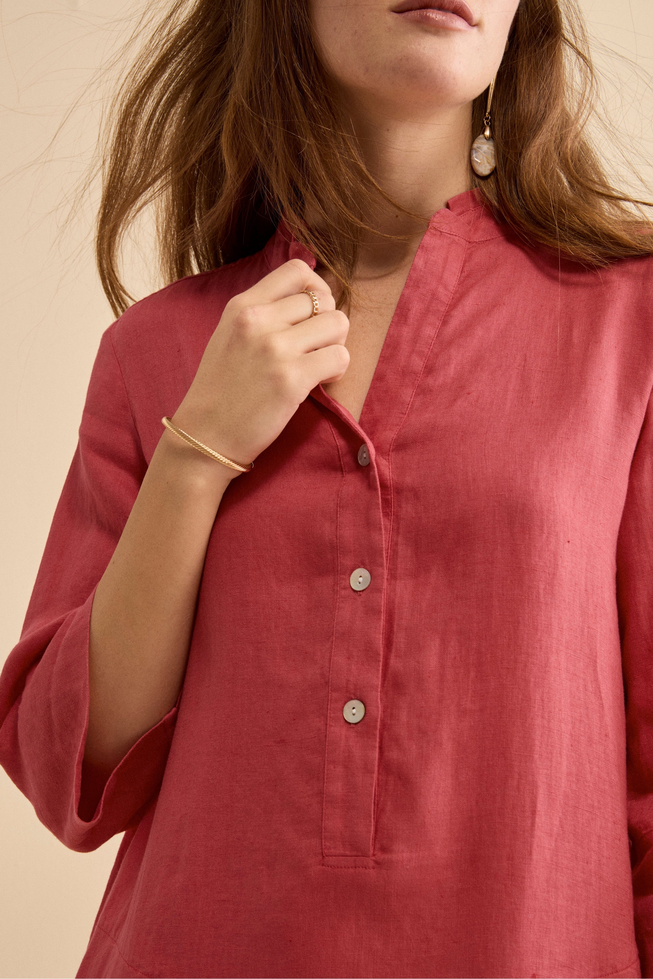 Abito Chemisier Midi in Lino con Collo Coreana - CORALLO