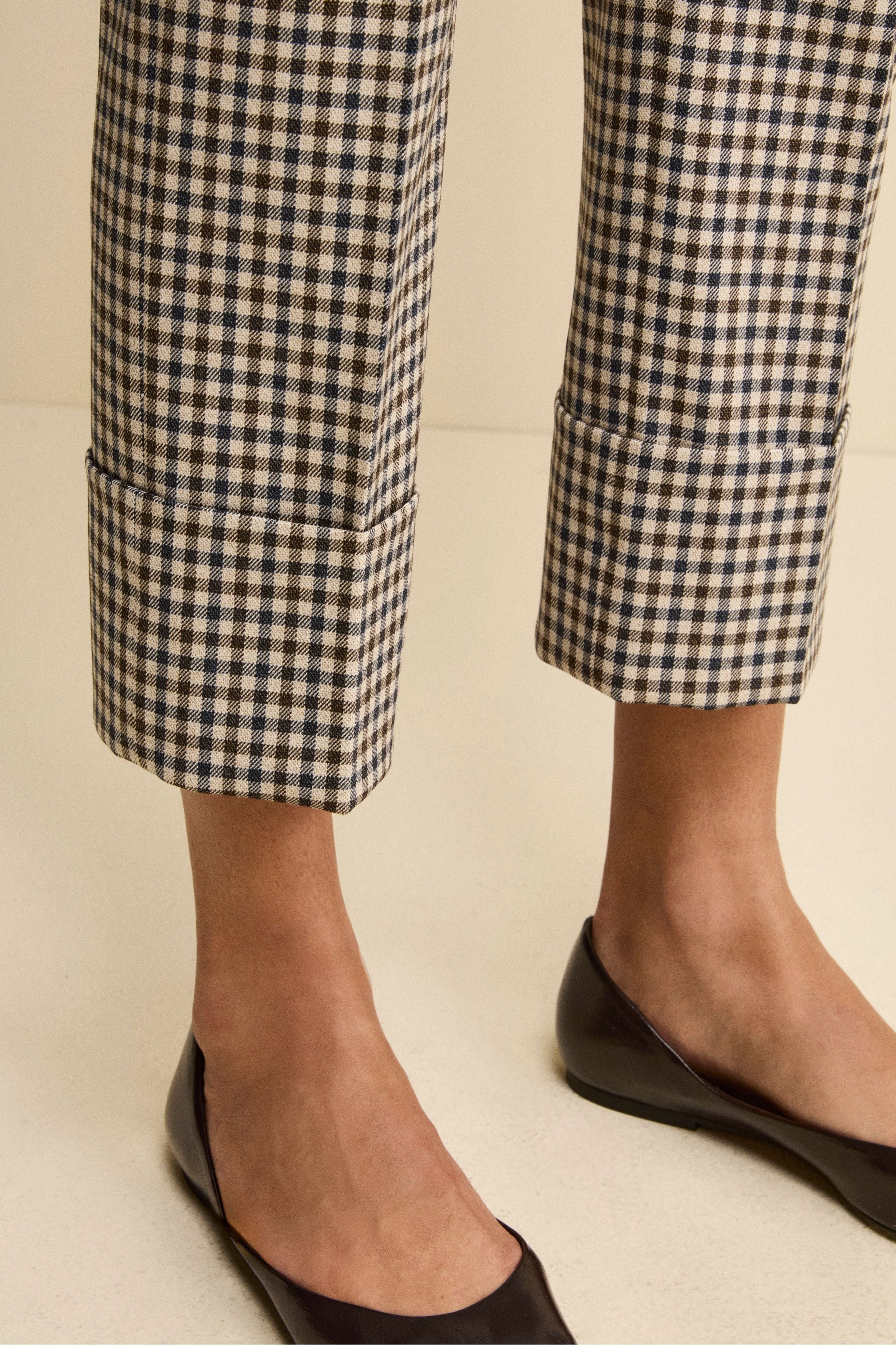 Pantalone Slim Fit a Sigaretta con Risvolto - BEIGE QUADRI